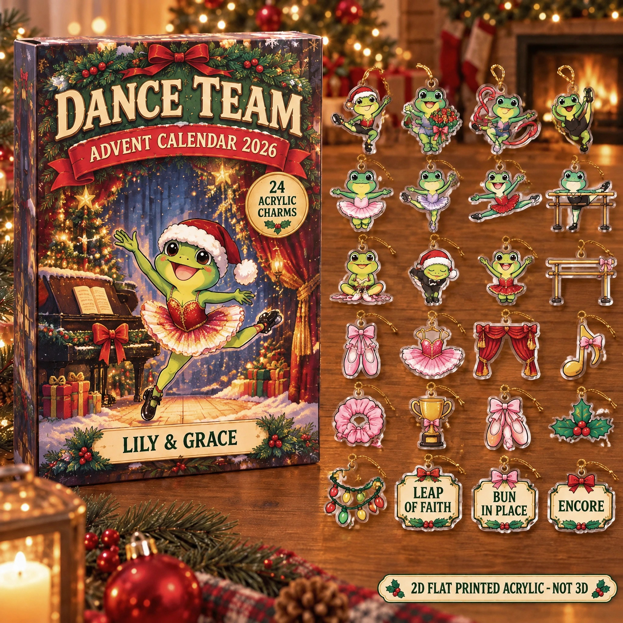 Personalized Dance Frog advent calendar box with 24 flat acrylic Christmas charms