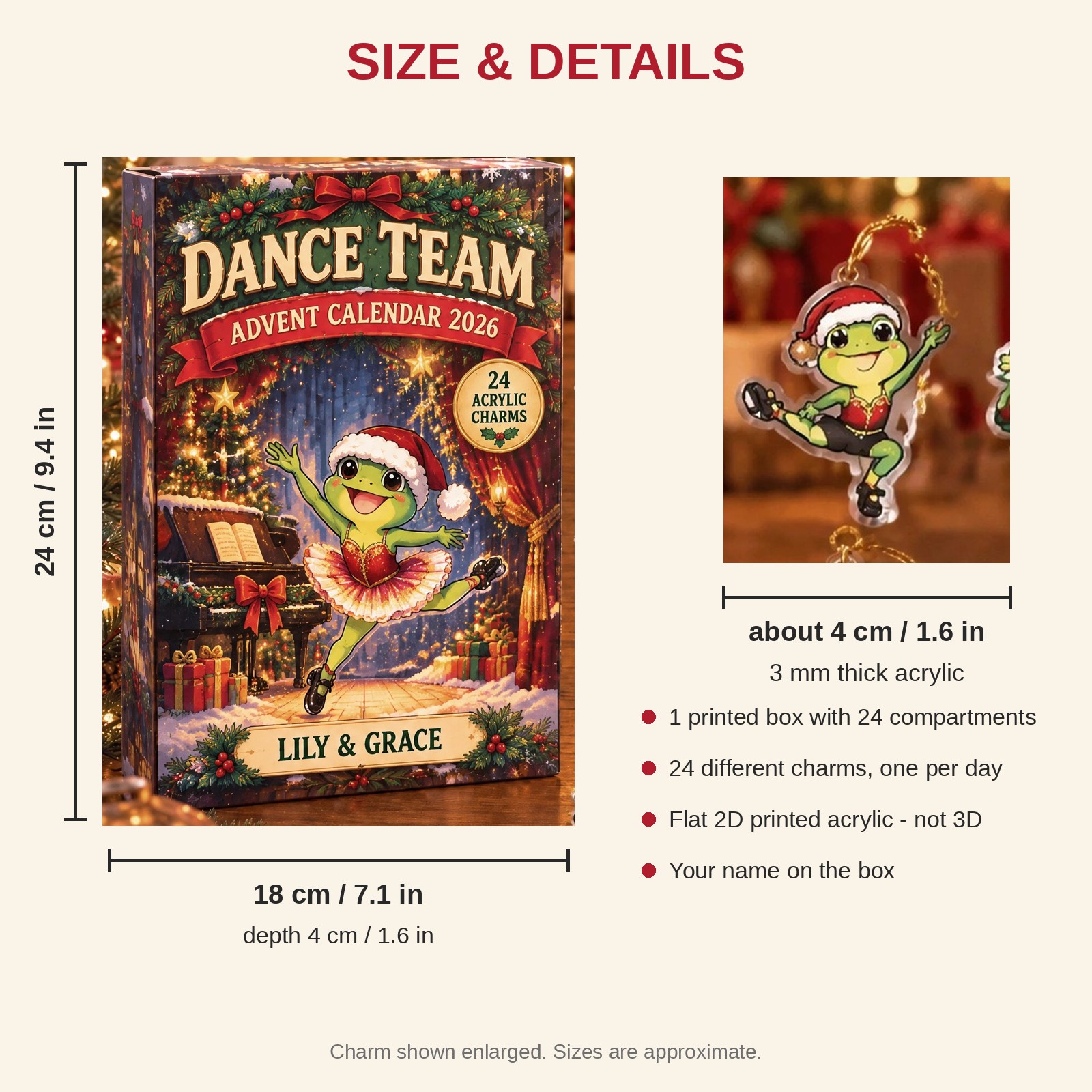 Personalized Dance Frog advent calendar box with 24 flat acrylic Christmas charms: box and charm sizes