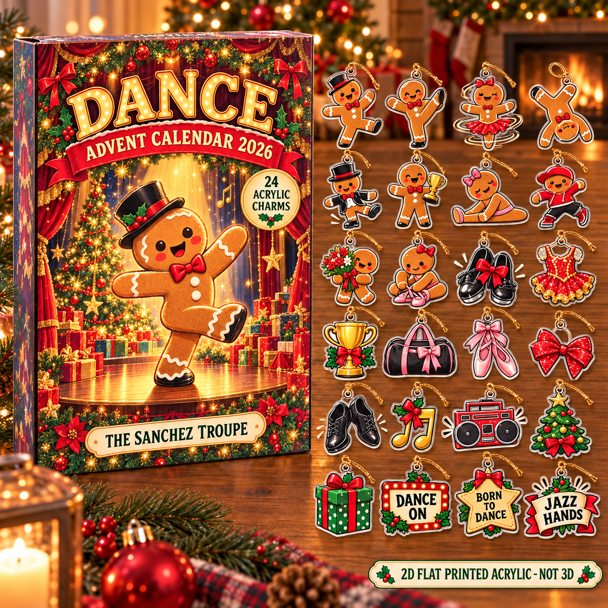 Personalized Dance Gingerbread advent calendar box with 24 flat acrylic Christmas charms