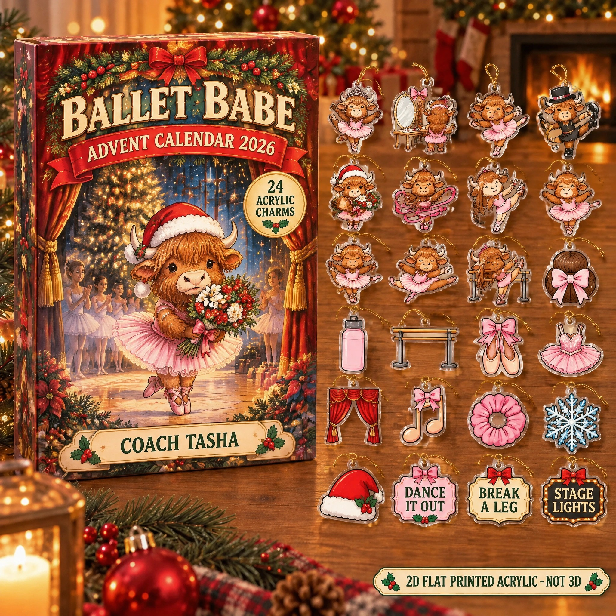 Personalized Dance Highland Cow advent calendar box with 24 flat acrylic Christmas charms