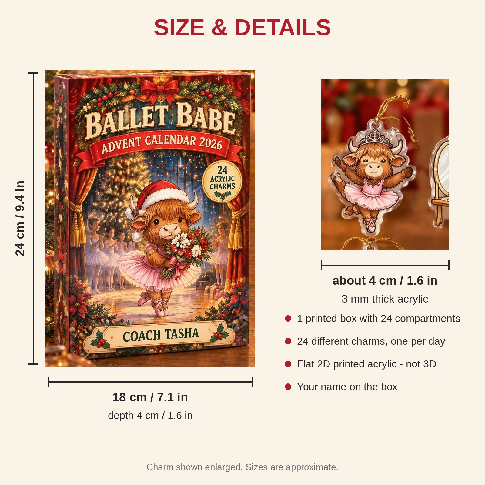 Personalized Dance Highland Cow advent calendar box with 24 flat acrylic Christmas charms: box and charm sizes