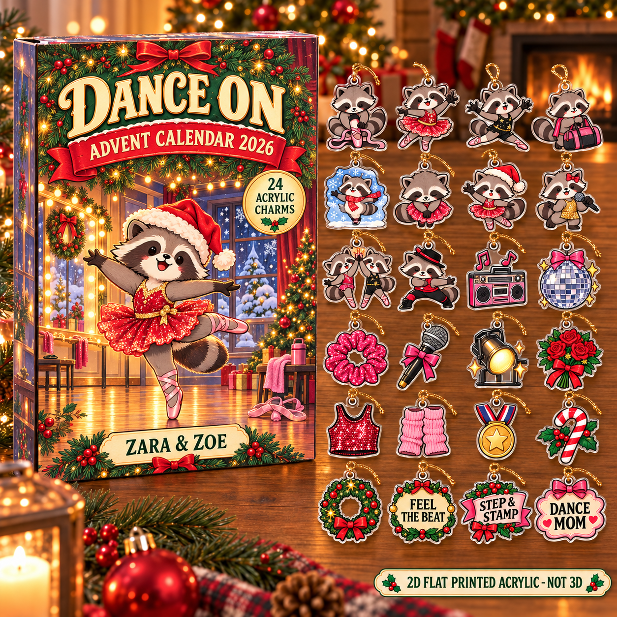 Personalized Dance Raccoon advent calendar box with 24 flat acrylic Christmas charms