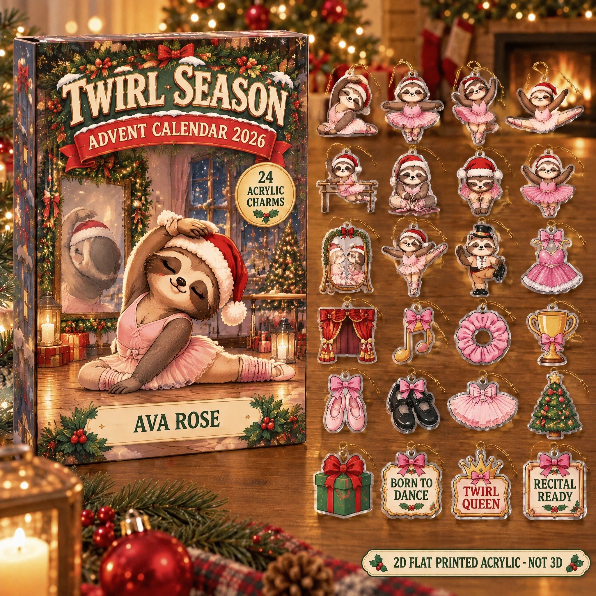 Personalized Dance Sloth advent calendar box with 24 flat acrylic Christmas charms