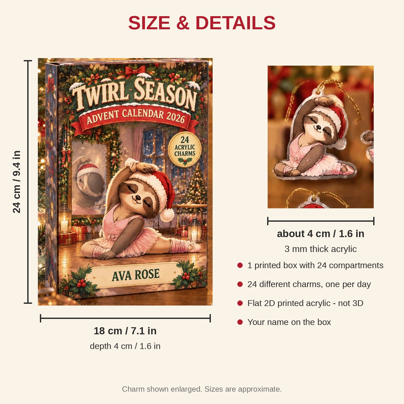 Personalized Dance Sloth advent calendar box with 24 flat acrylic Christmas charms: box and charm sizes