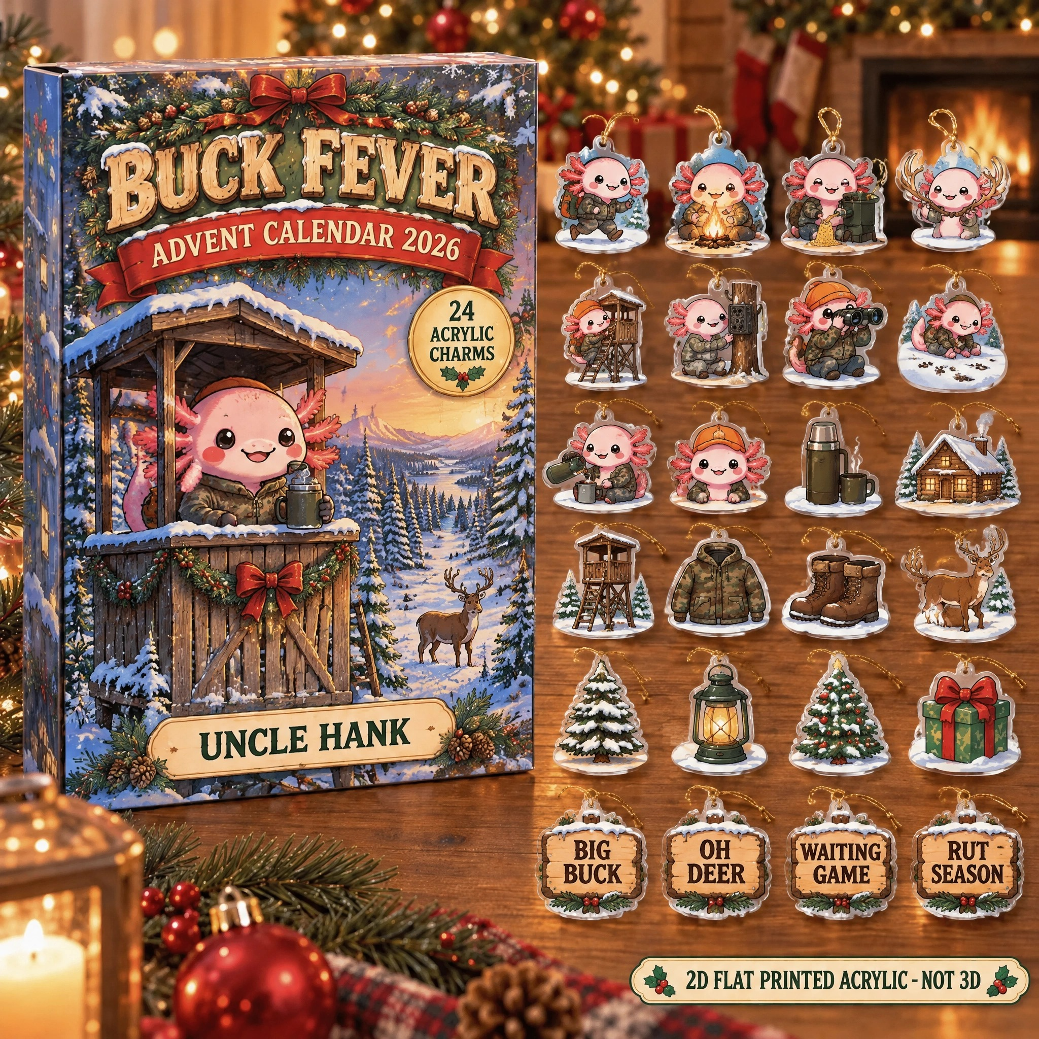 Personalized Deer Hunter Axolotl advent calendar box with 24 flat acrylic Christmas charms