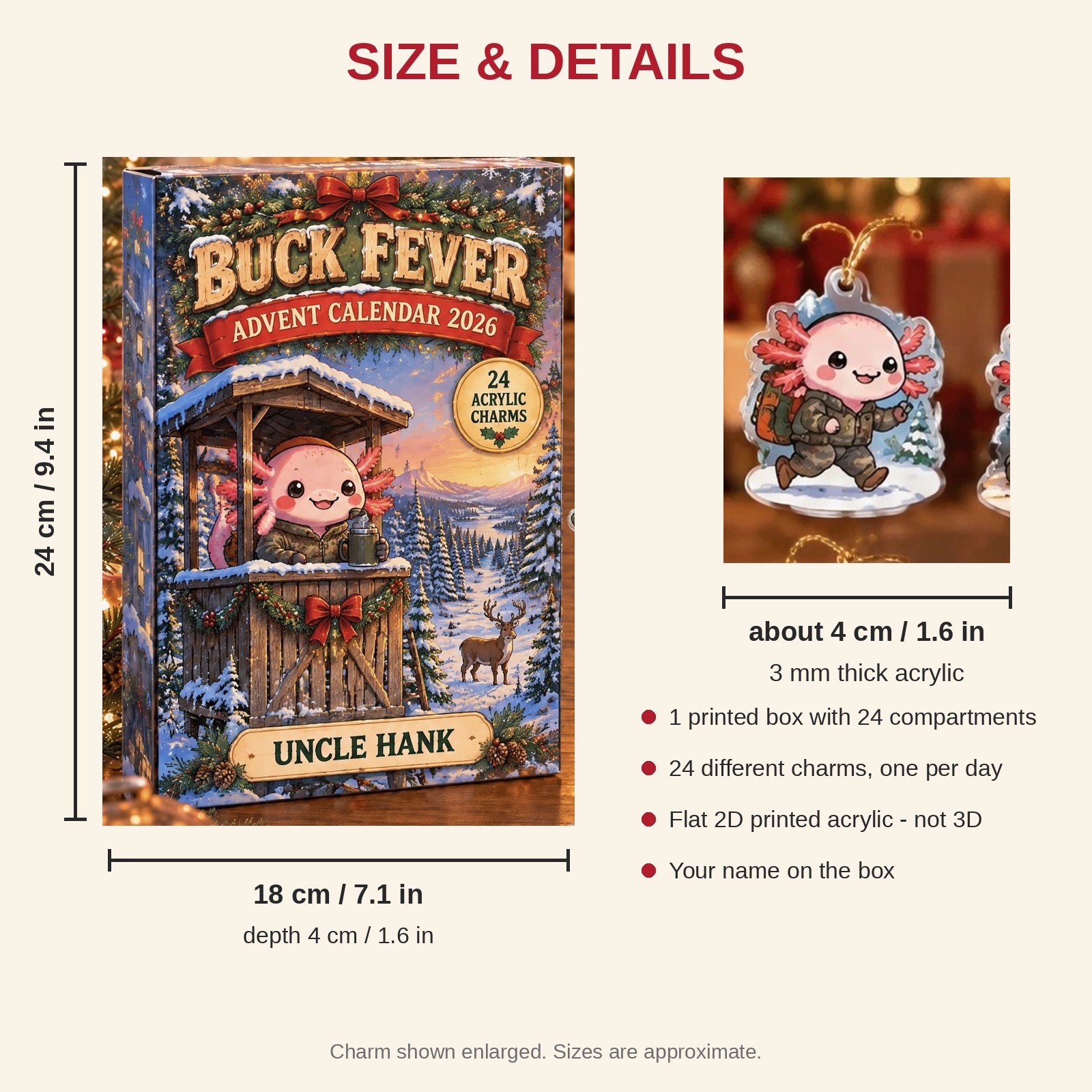 Personalized Deer Hunter Axolotl advent calendar box with 24 flat acrylic Christmas charms: box and charm sizes