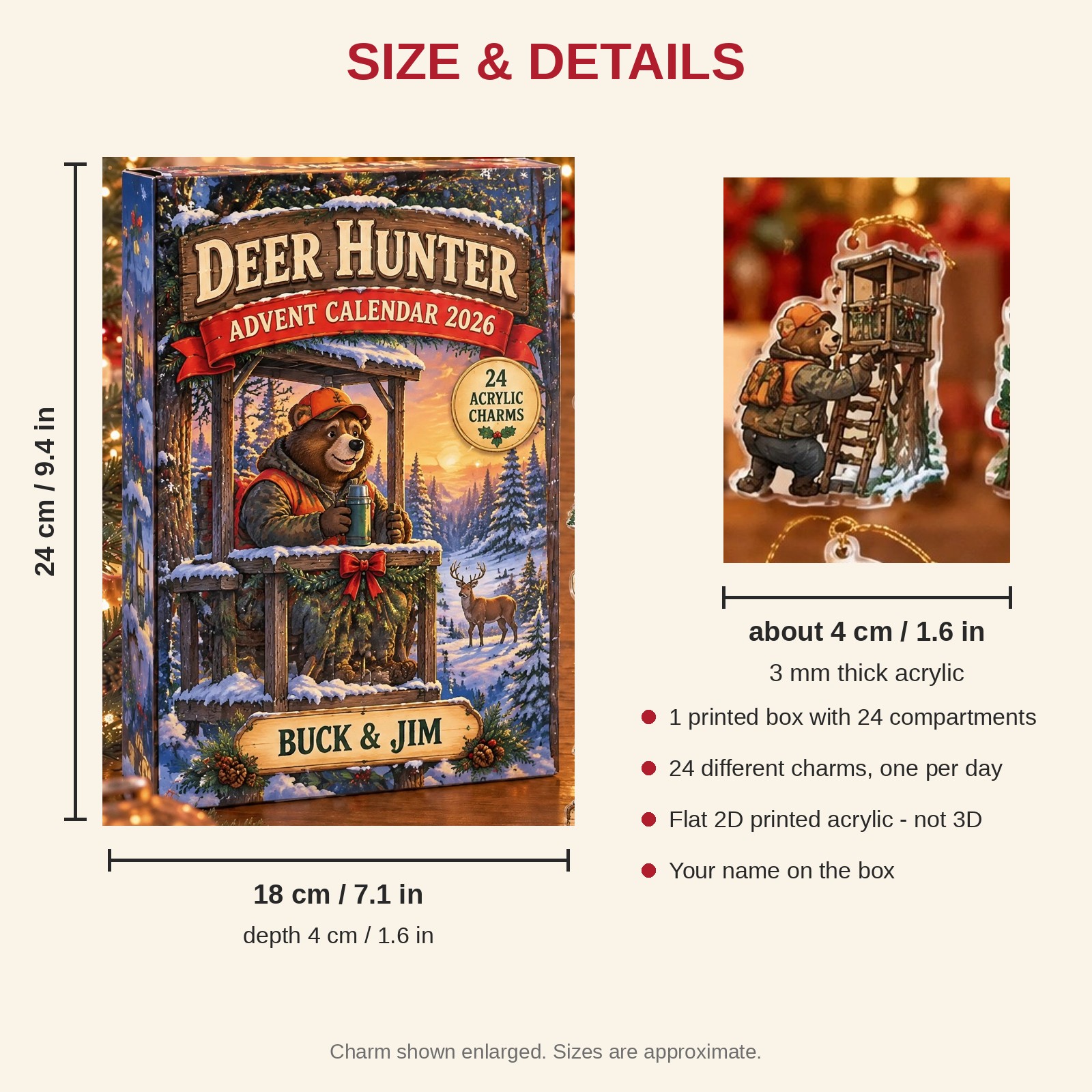 Personalized Deer Hunter Bear advent calendar box with 24 flat acrylic Christmas charms: box and charm sizes
