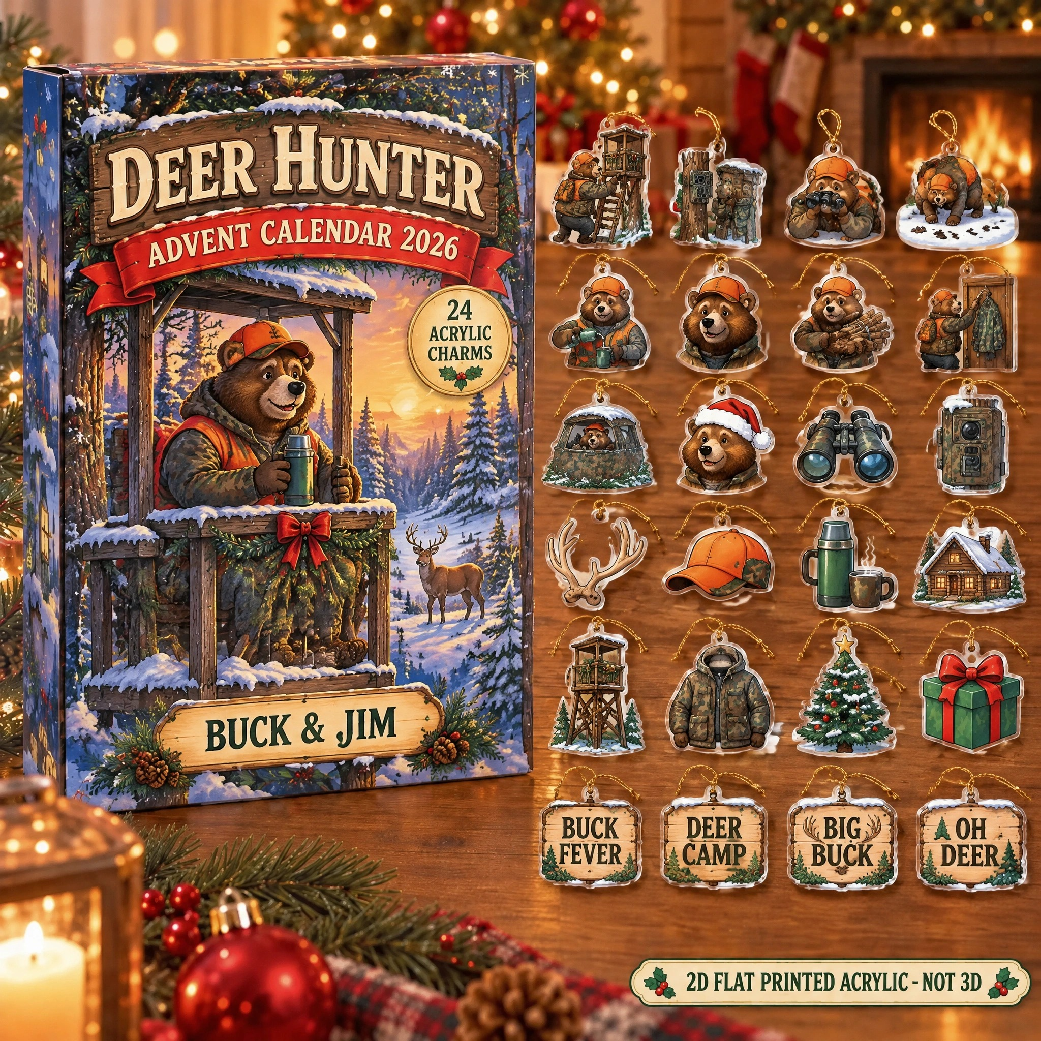 Personalized Deer Hunter Bear advent calendar box with 24 flat acrylic Christmas charms