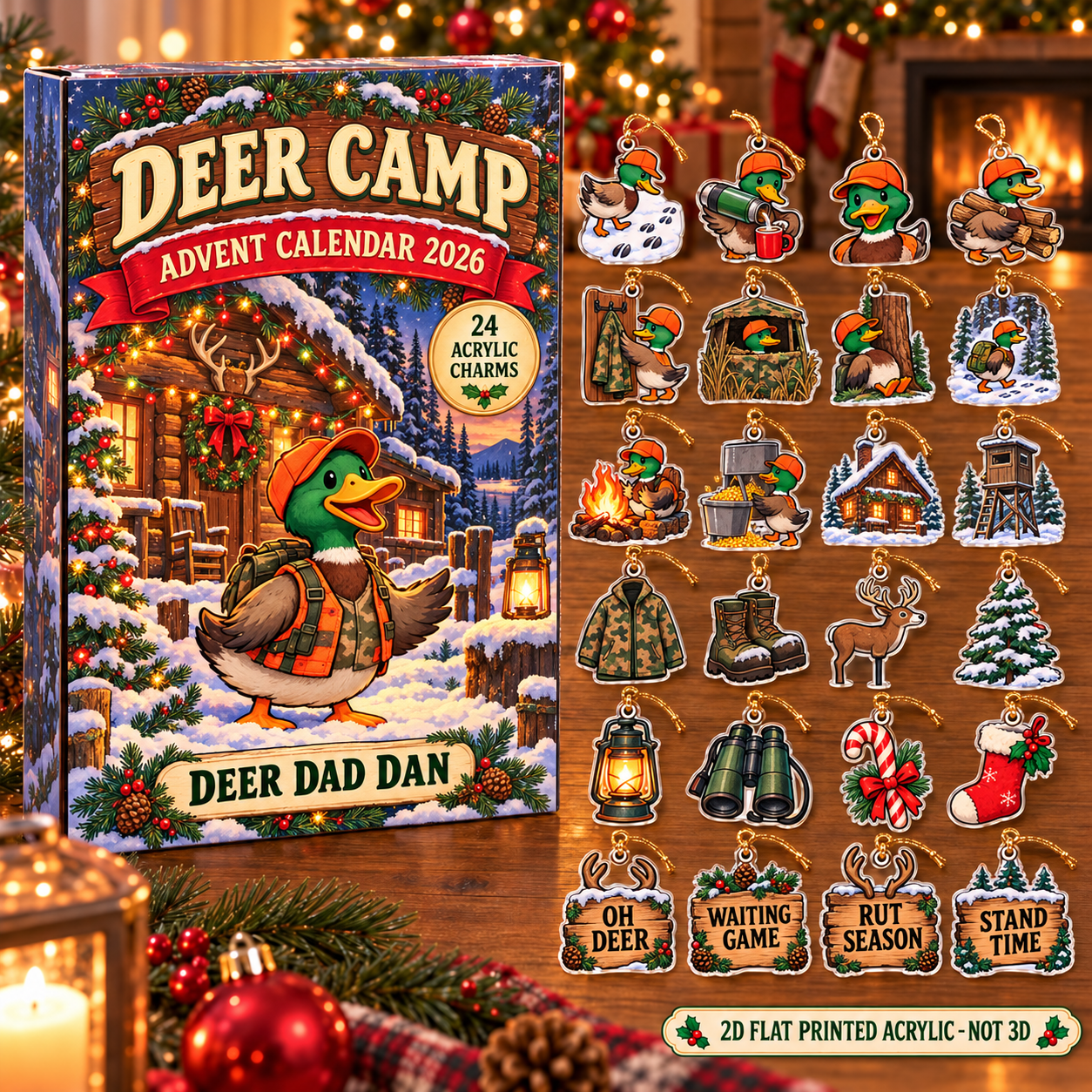 Personalized Deer Hunter Duck advent calendar box with 24 flat acrylic Christmas charms