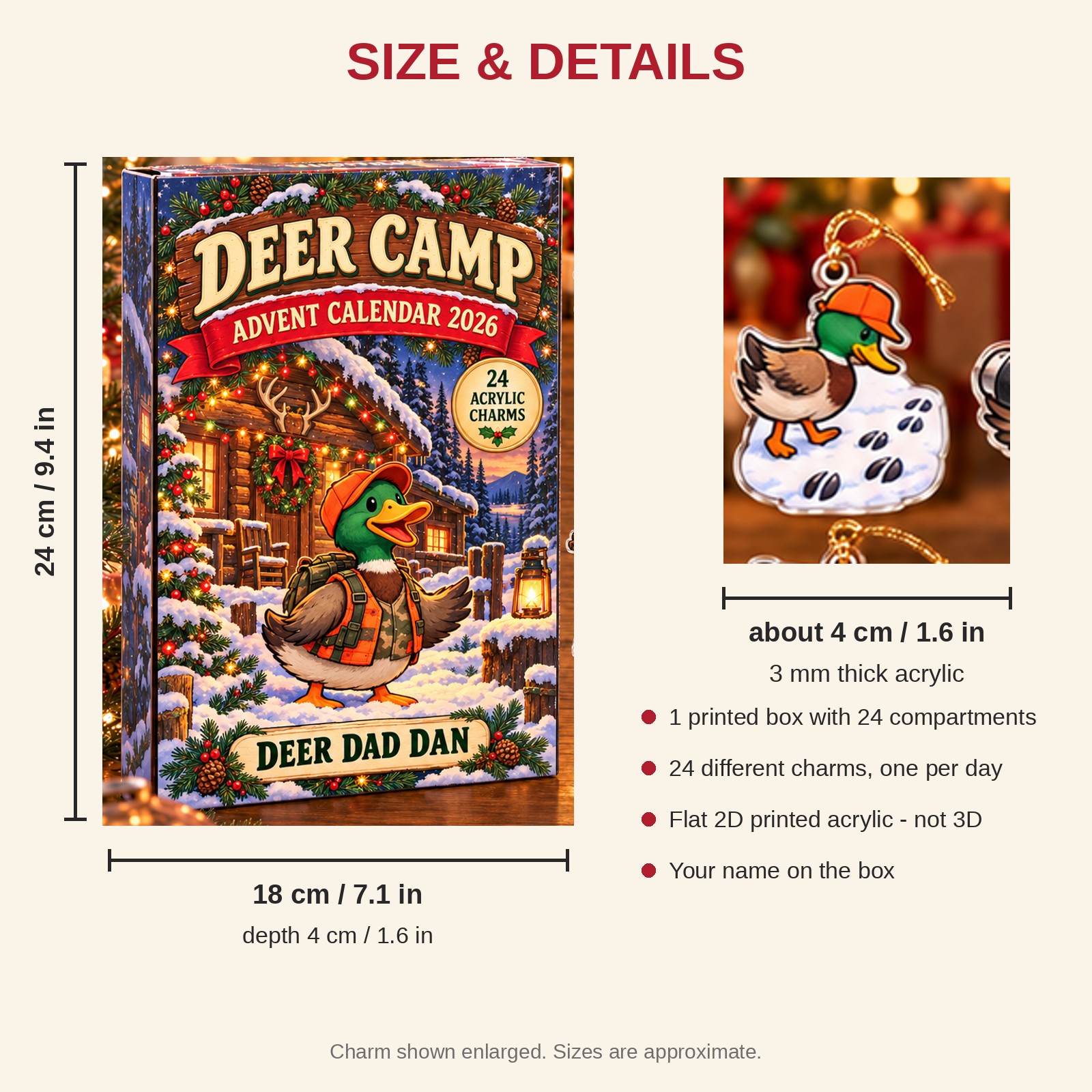 Personalized Deer Hunter Duck advent calendar box with 24 flat acrylic Christmas charms: box and charm sizes