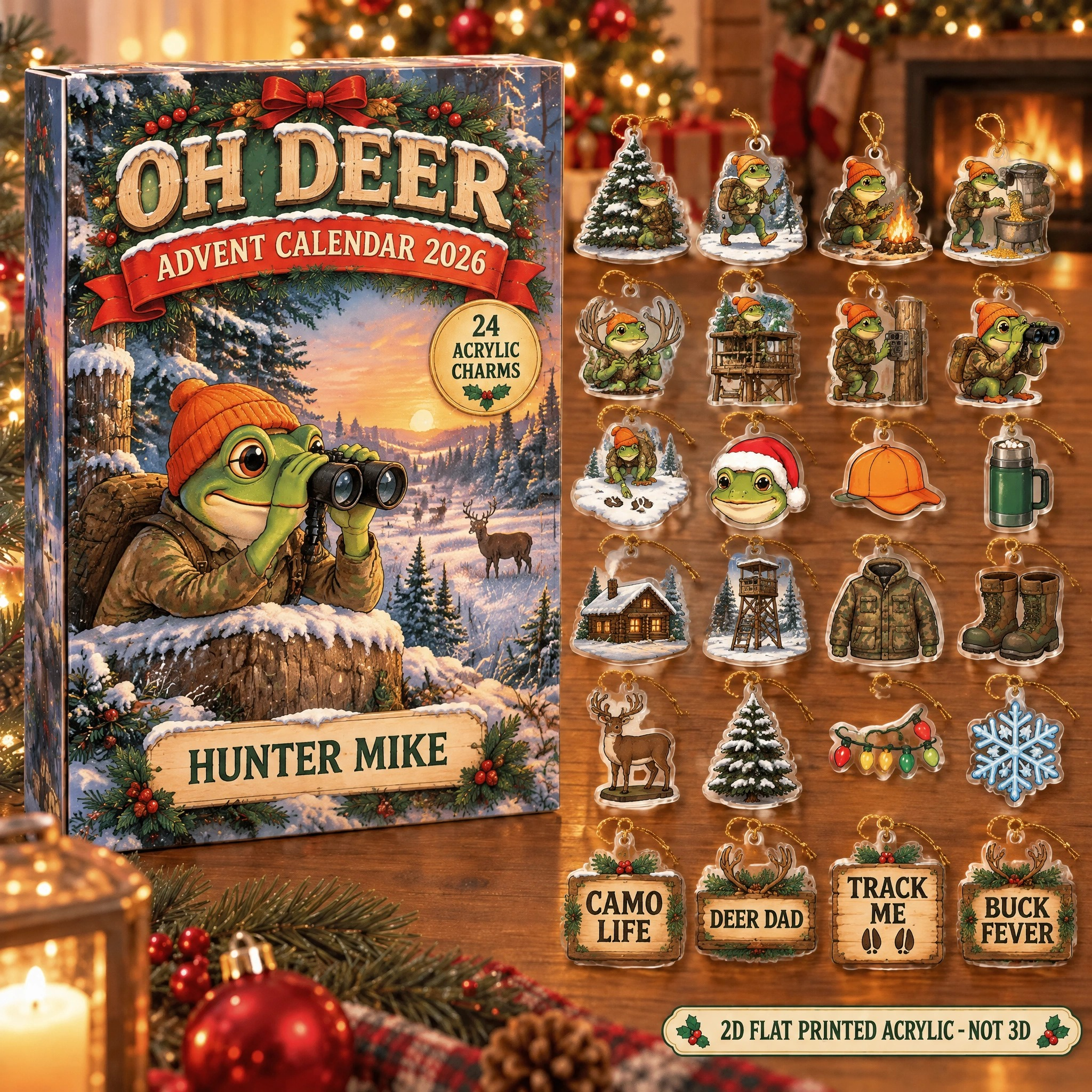 Personalized Deer Hunter Frog advent calendar box with 24 flat acrylic Christmas charms