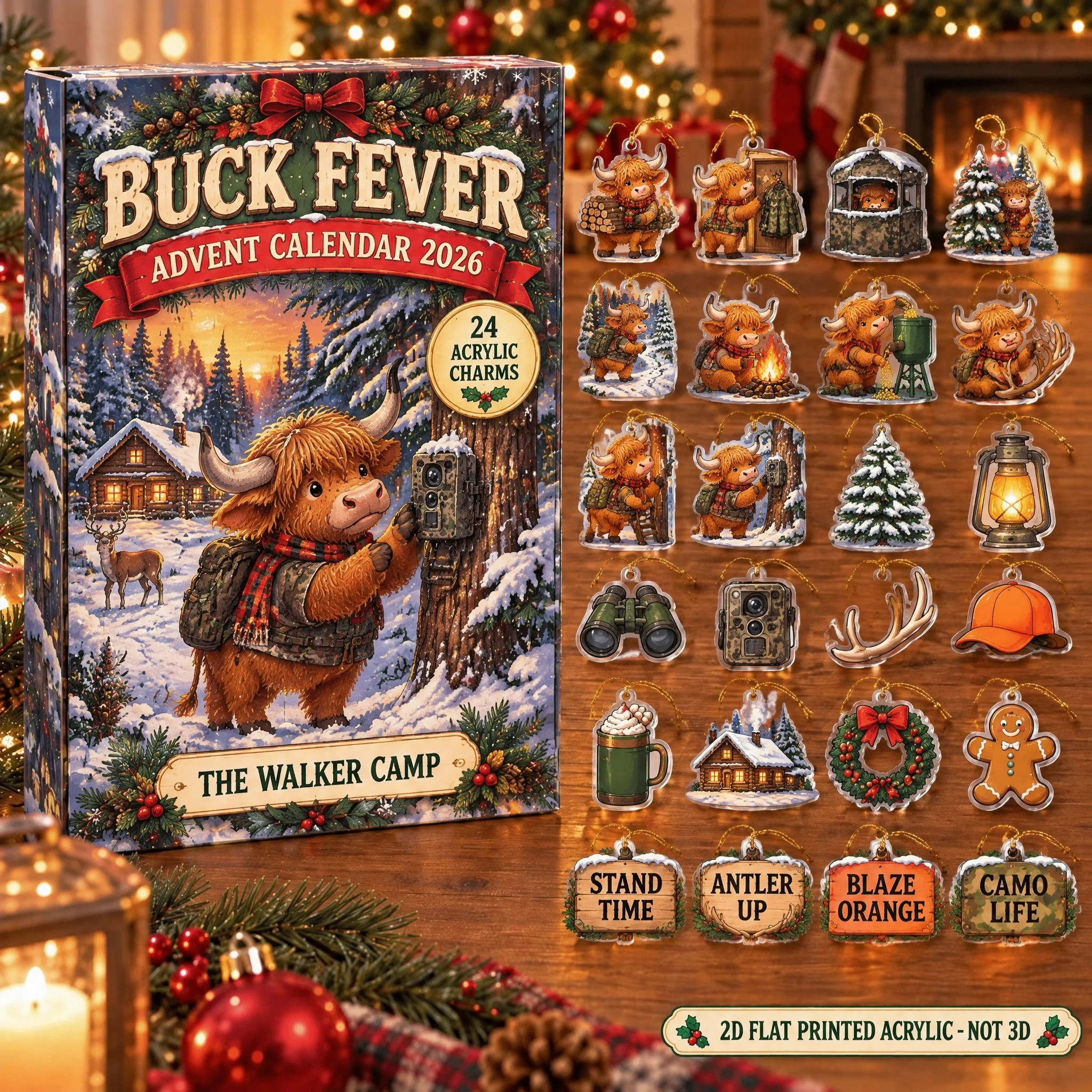 Personalized Deer Hunter Highland Cow advent calendar box with 24 flat acrylic Christmas charms