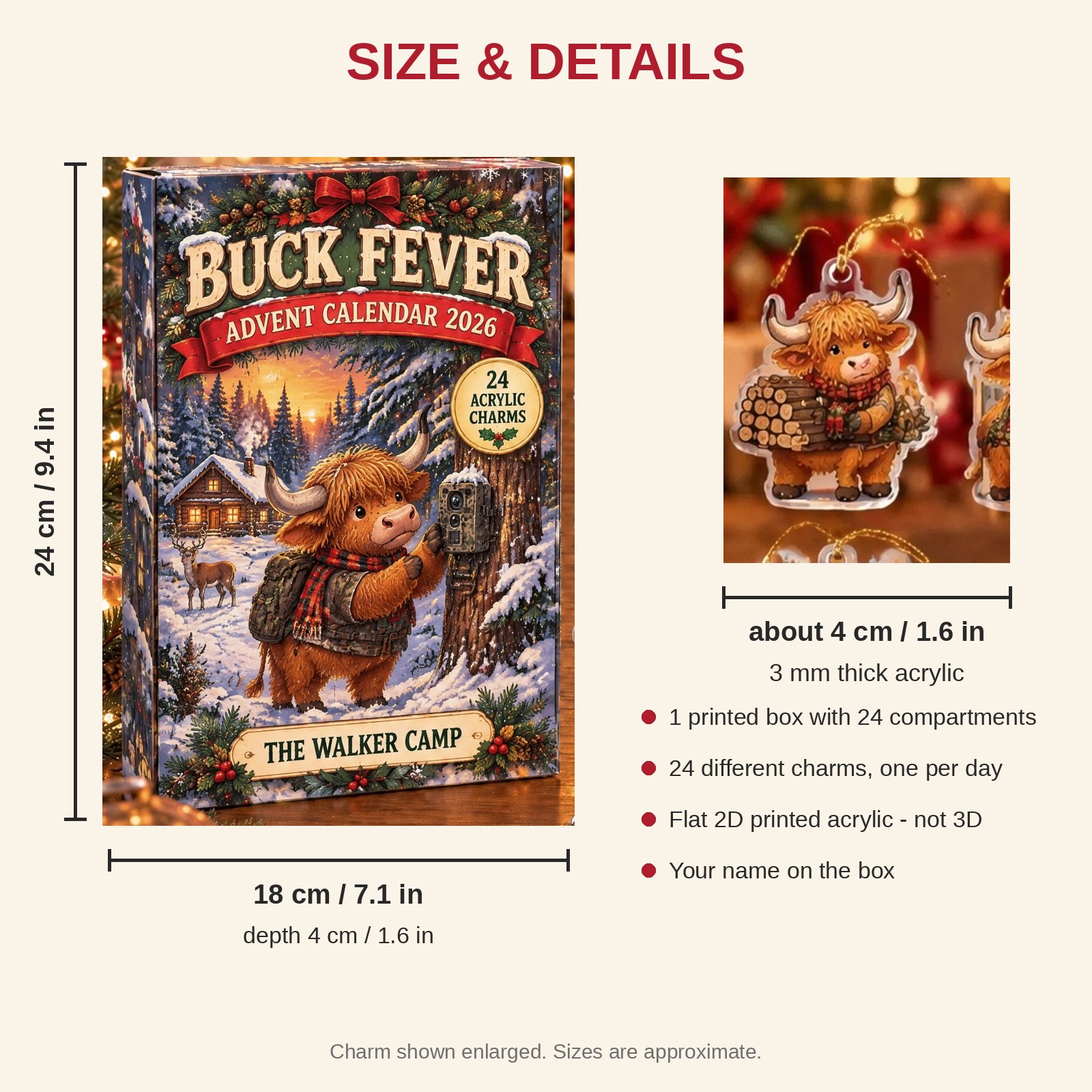 Personalized Deer Hunter Highland Cow advent calendar box with 24 flat acrylic Christmas charms: box and charm sizes