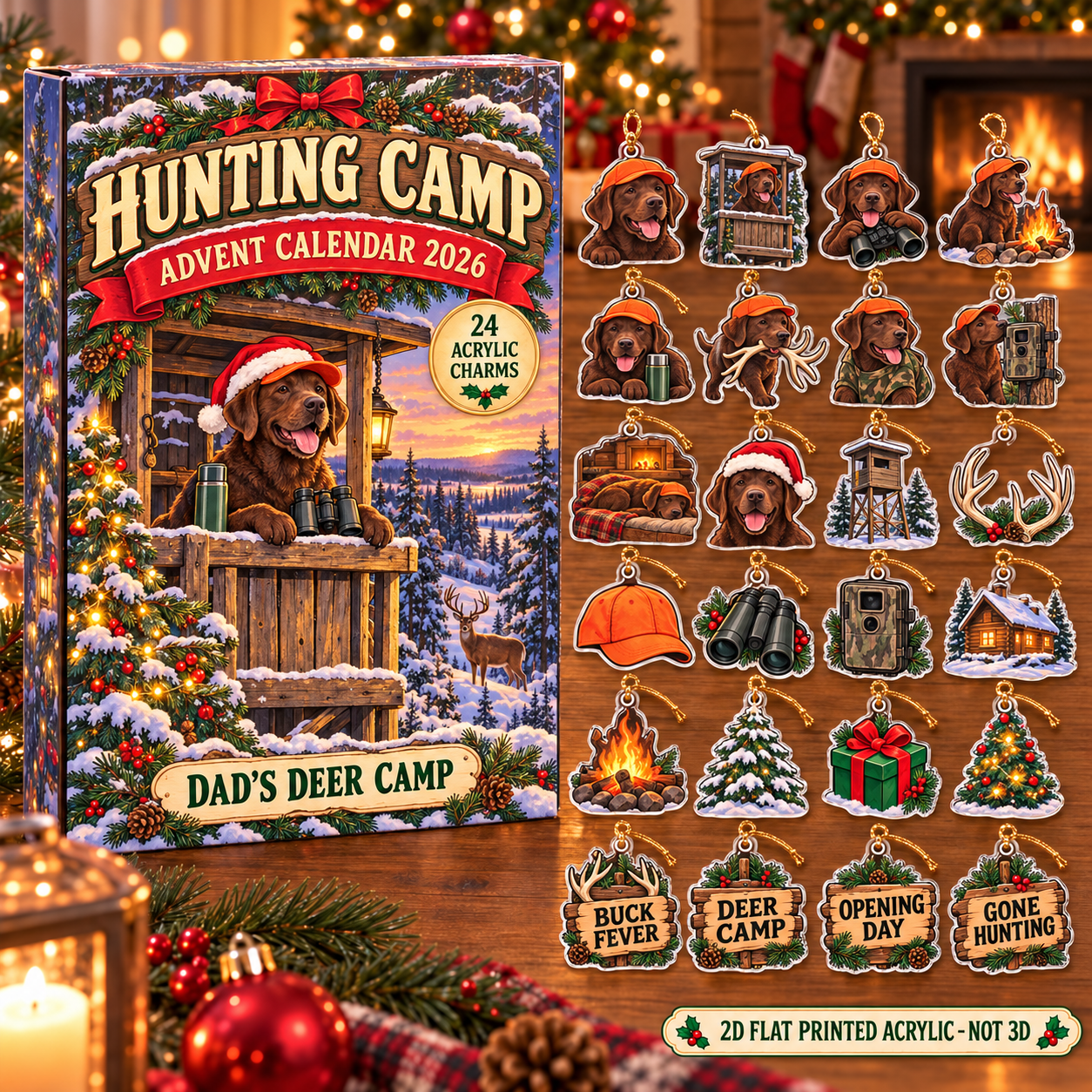 Personalized Deer Hunting Labrador advent calendar box with 24 flat acrylic Christmas charms