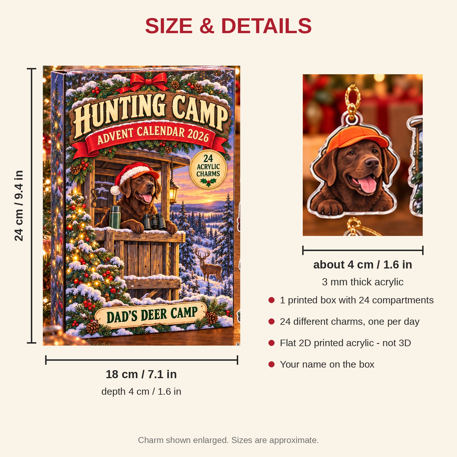 Personalized Deer Hunting Labrador advent calendar box with 24 flat acrylic Christmas charms: box and charm sizes