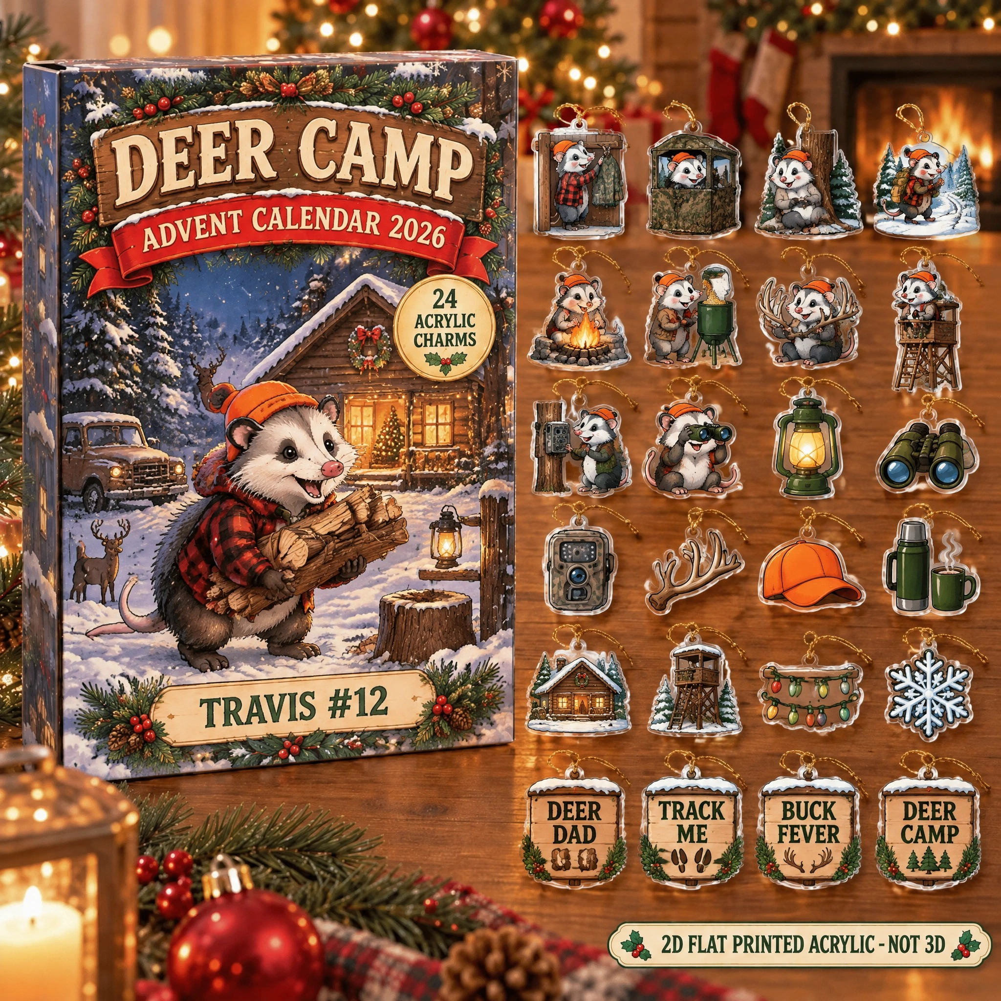 Personalized Deer Hunter Opossum advent calendar box with 24 flat acrylic Christmas charms