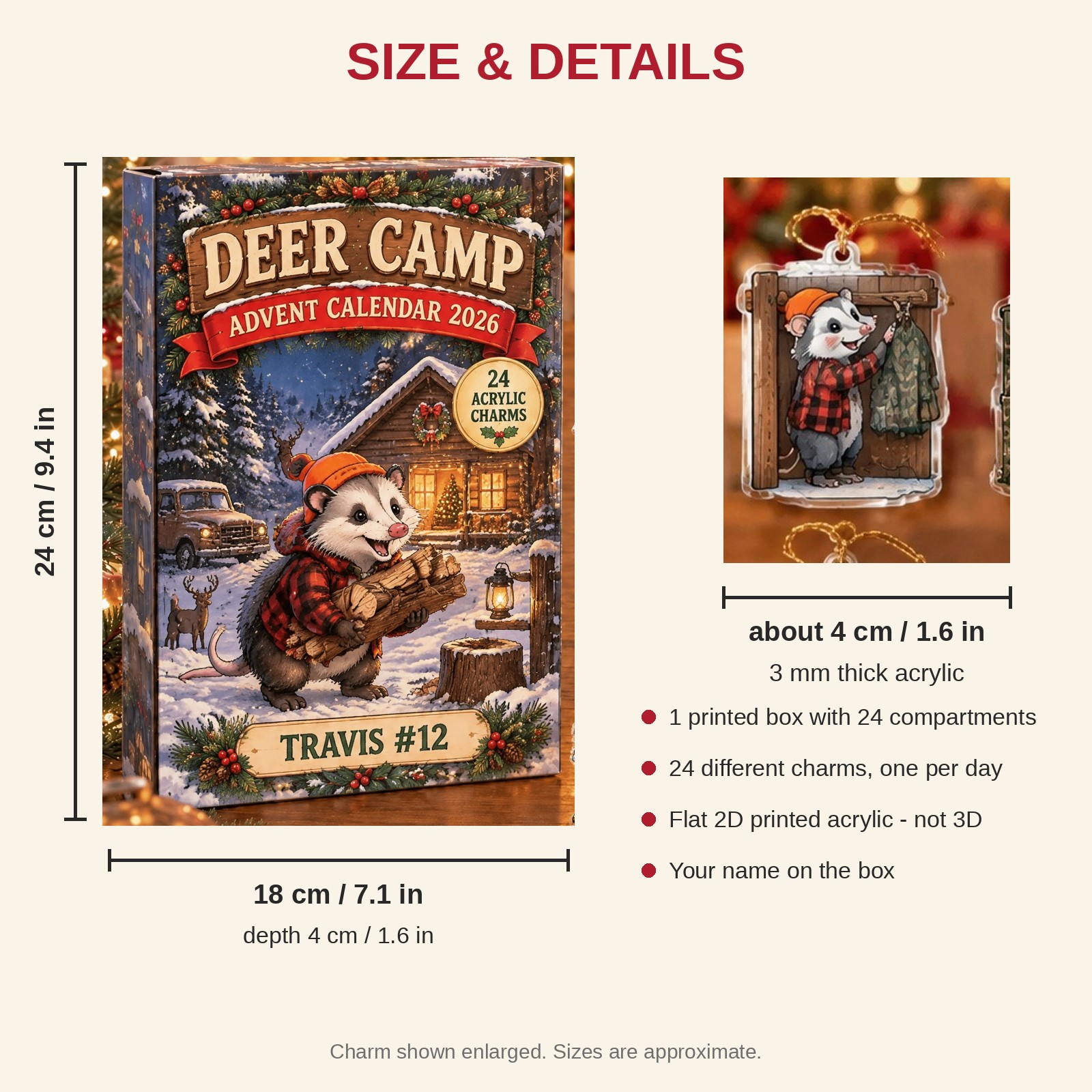 Personalized Deer Hunter Opossum advent calendar box with 24 flat acrylic Christmas charms: box and charm sizes