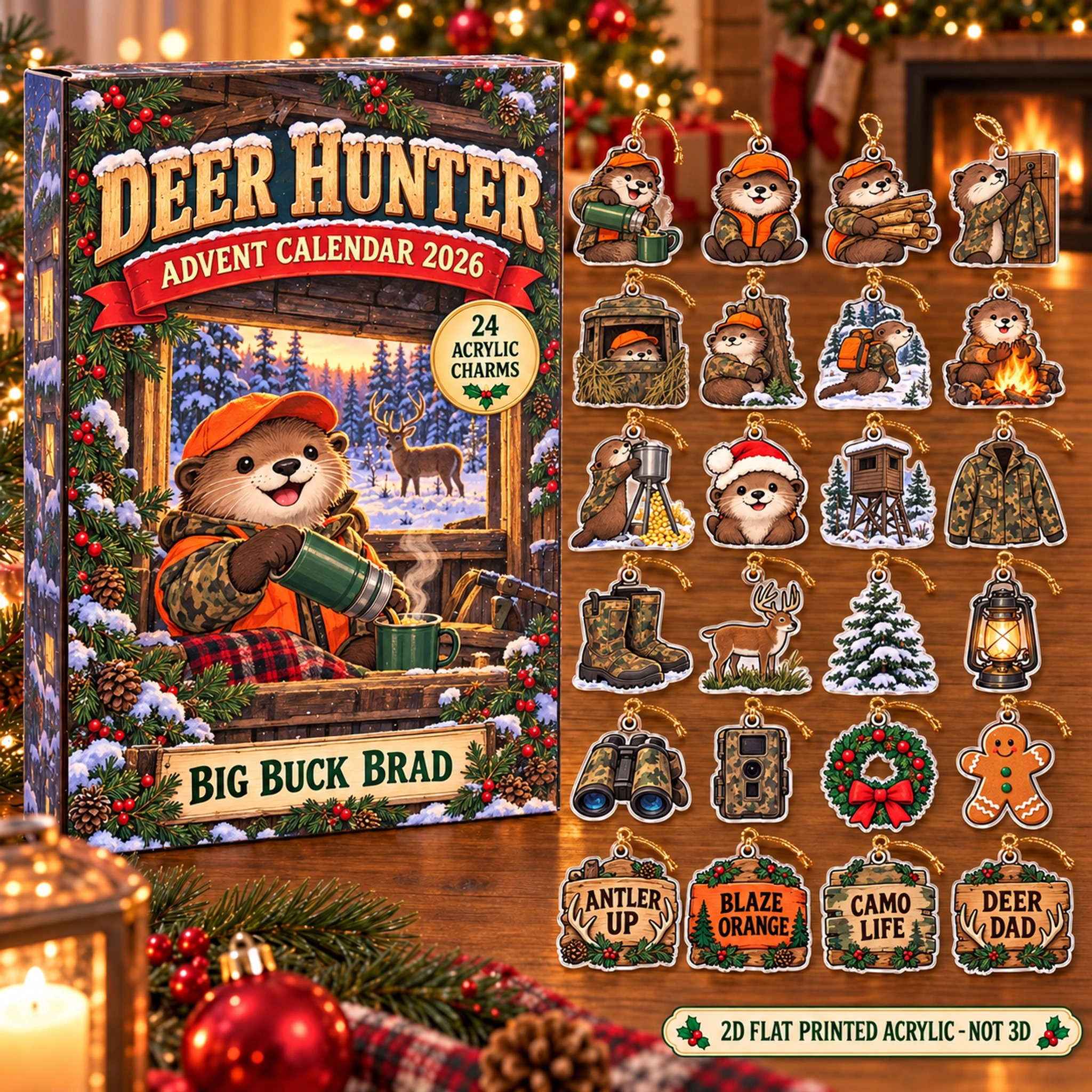 Personalized Deer Hunter Otter advent calendar box with 24 flat acrylic Christmas charms