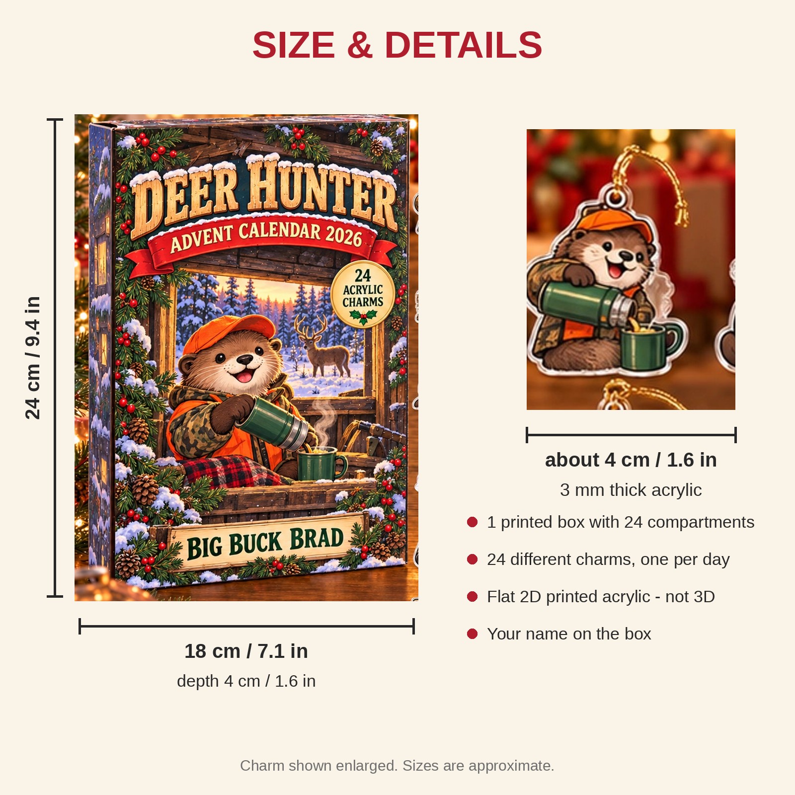 Personalized Deer Hunter Otter advent calendar box with 24 flat acrylic Christmas charms: box and charm sizes
