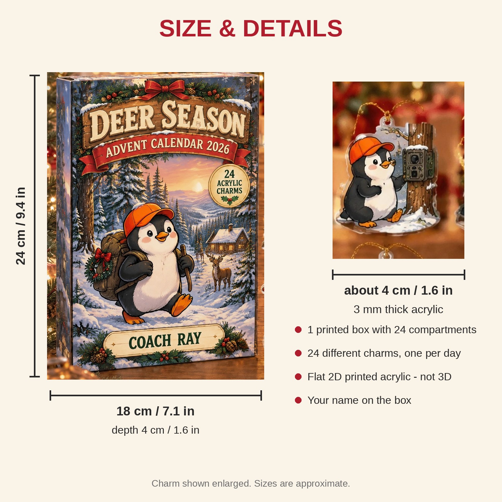 Personalized Deer Hunter Penguin advent calendar box with 24 flat acrylic Christmas charms: box and charm sizes