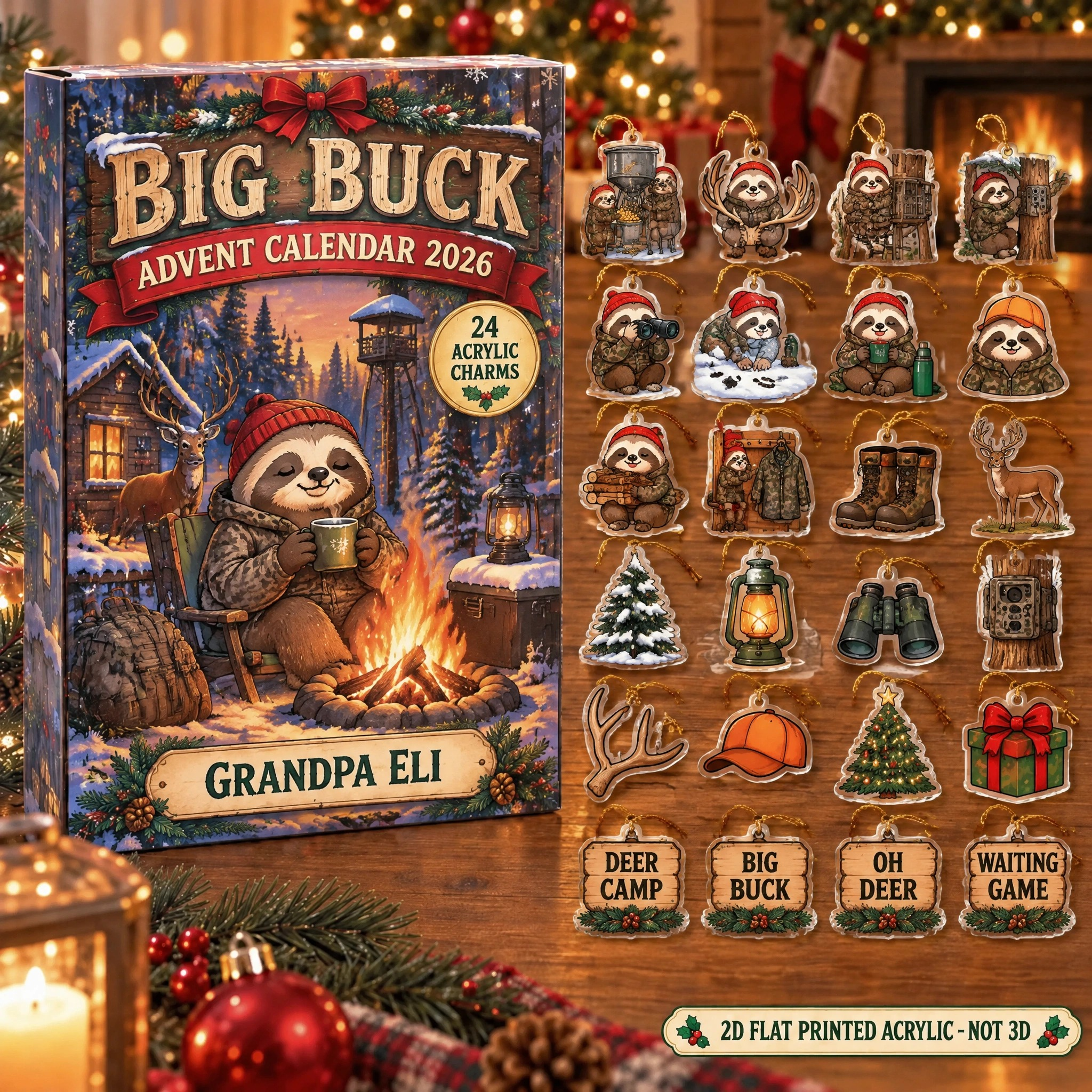 Personalized Deer Hunter Sloth advent calendar box with 24 flat acrylic Christmas charms