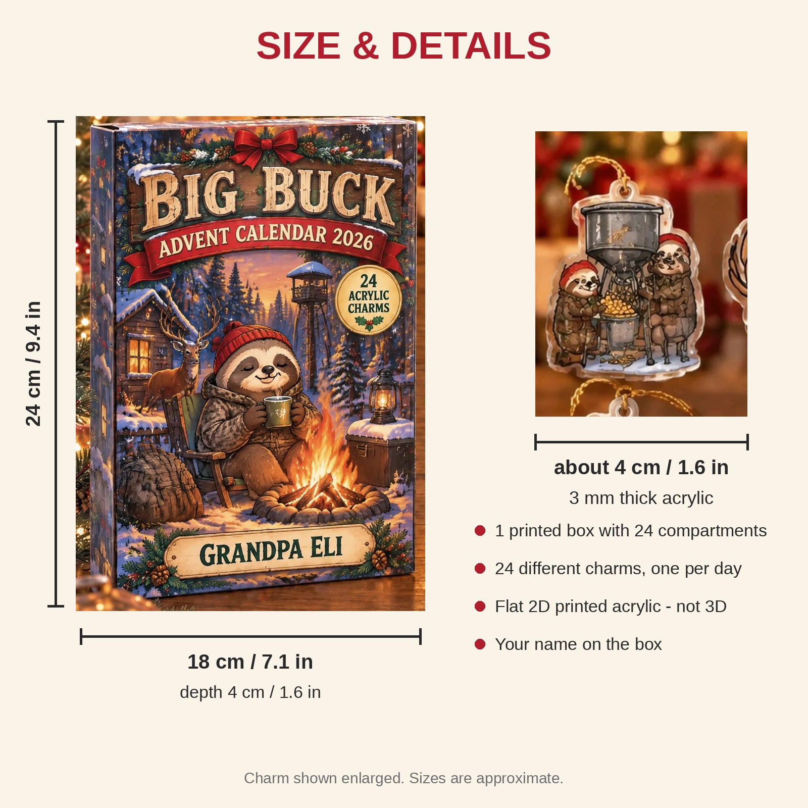 Personalized Deer Hunter Sloth advent calendar box with 24 flat acrylic Christmas charms: box and charm sizes