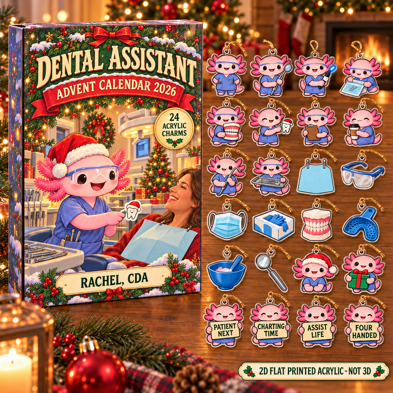 Personalized Dental Assistant Axolotl advent calendar box with 24 flat acrylic Christmas charms
