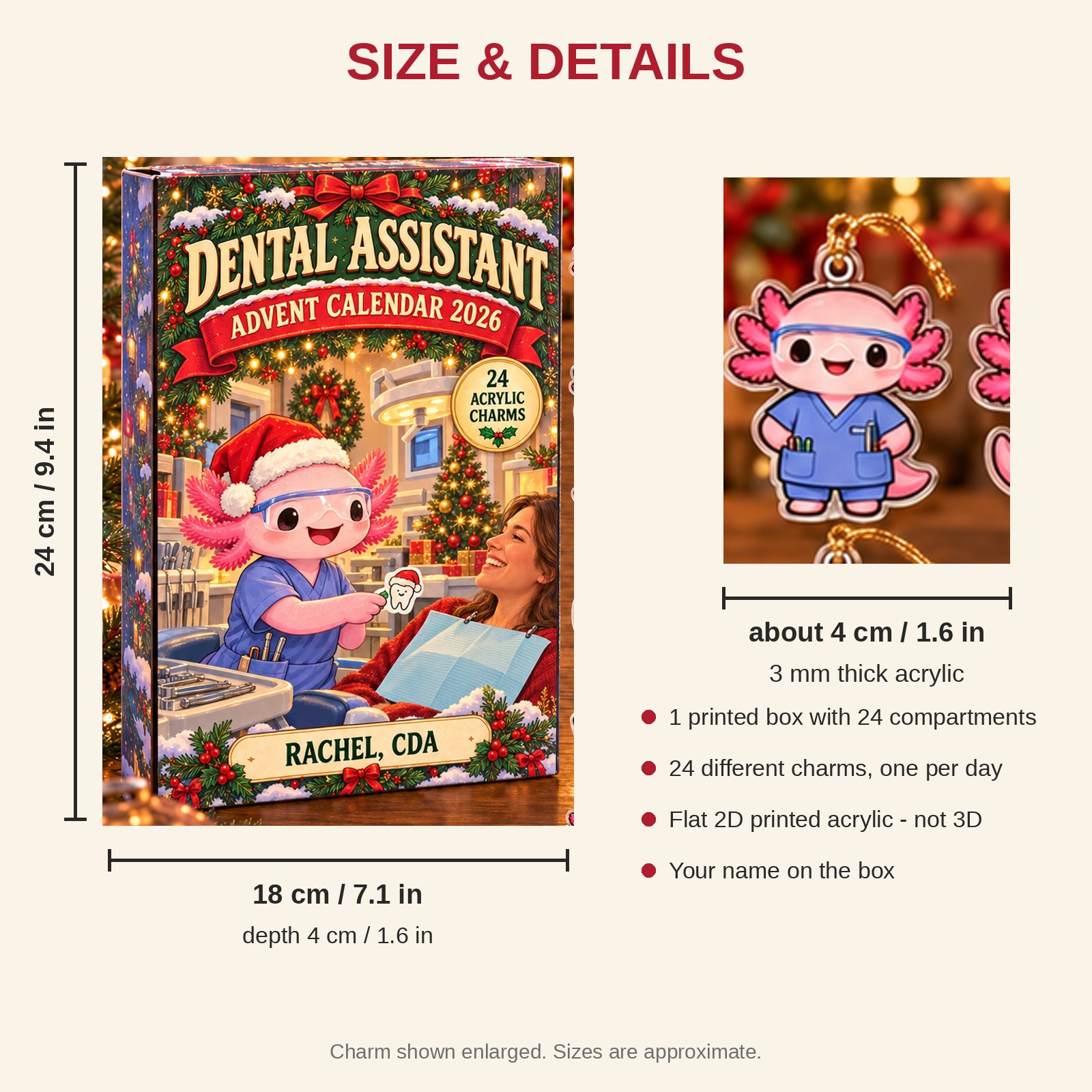 Personalized Dental Assistant Axolotl advent calendar box with 24 flat acrylic Christmas charms: box and charm sizes