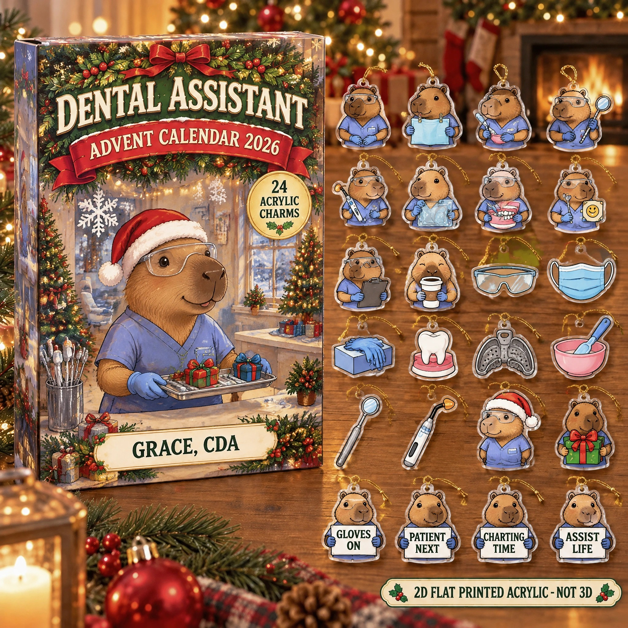 Personalized Dental Assistant Capybara advent calendar box with 24 flat acrylic Christmas charms