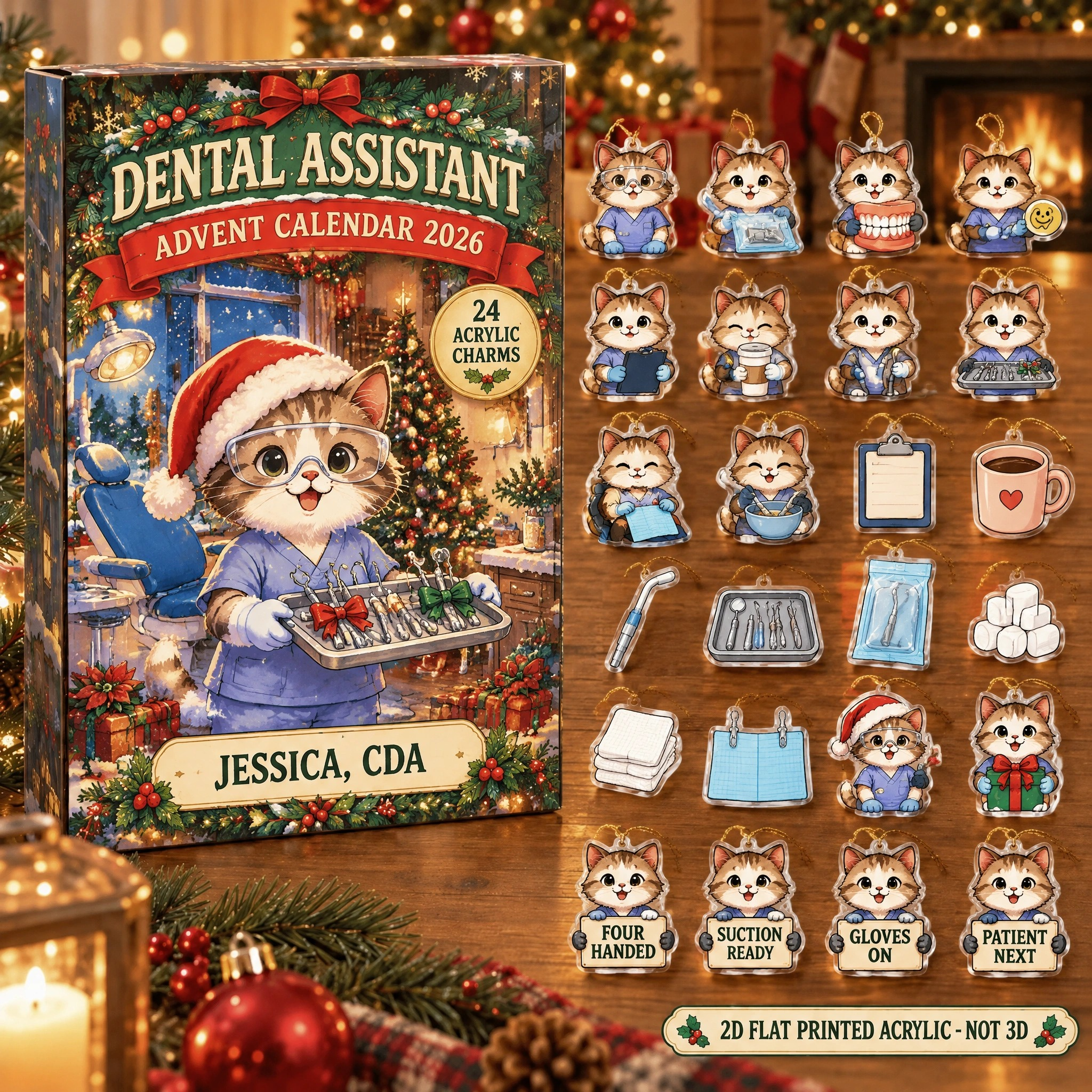Personalized Dental Assistant Cat advent calendar box with 24 flat acrylic Christmas charms