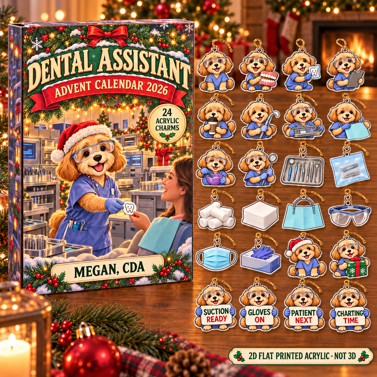 Personalized Dental Assistant Dog advent calendar box with 24 flat acrylic Christmas charms