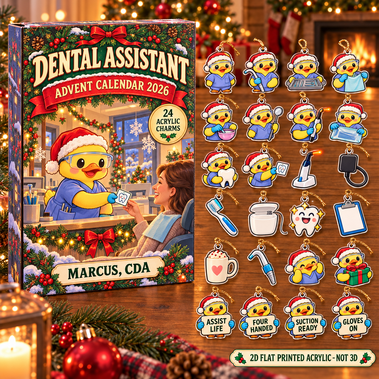 Personalized Dental Assistant Duck advent calendar box with 24 flat acrylic Christmas charms
