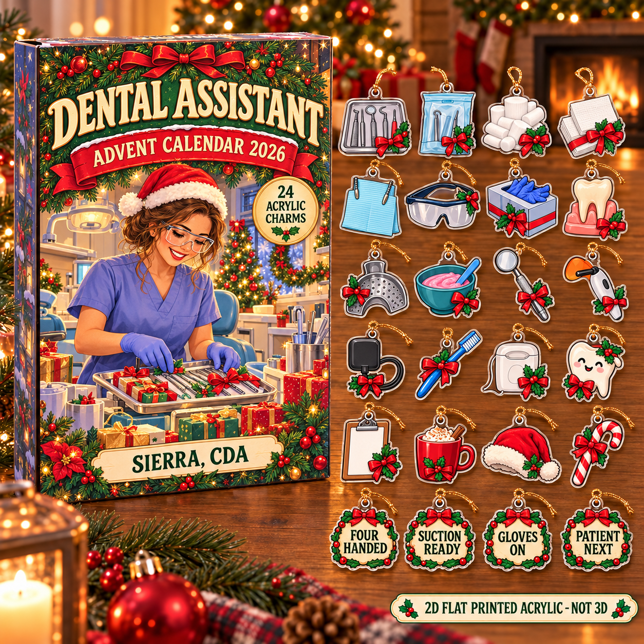 Personalized Dental Assistant Essentials advent calendar box with 24 flat acrylic Christmas charms