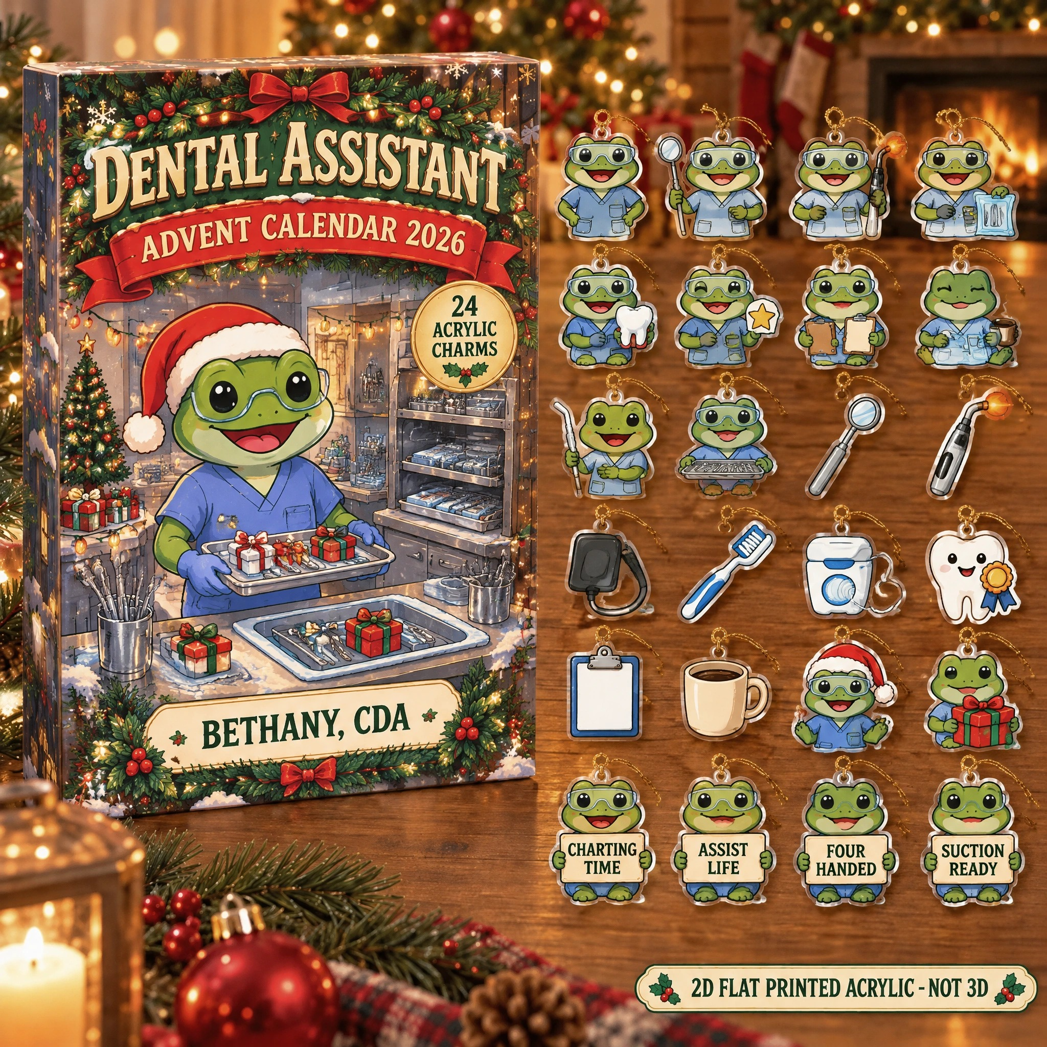 Personalized Dental Assistant Frog advent calendar box with 24 flat acrylic Christmas charms