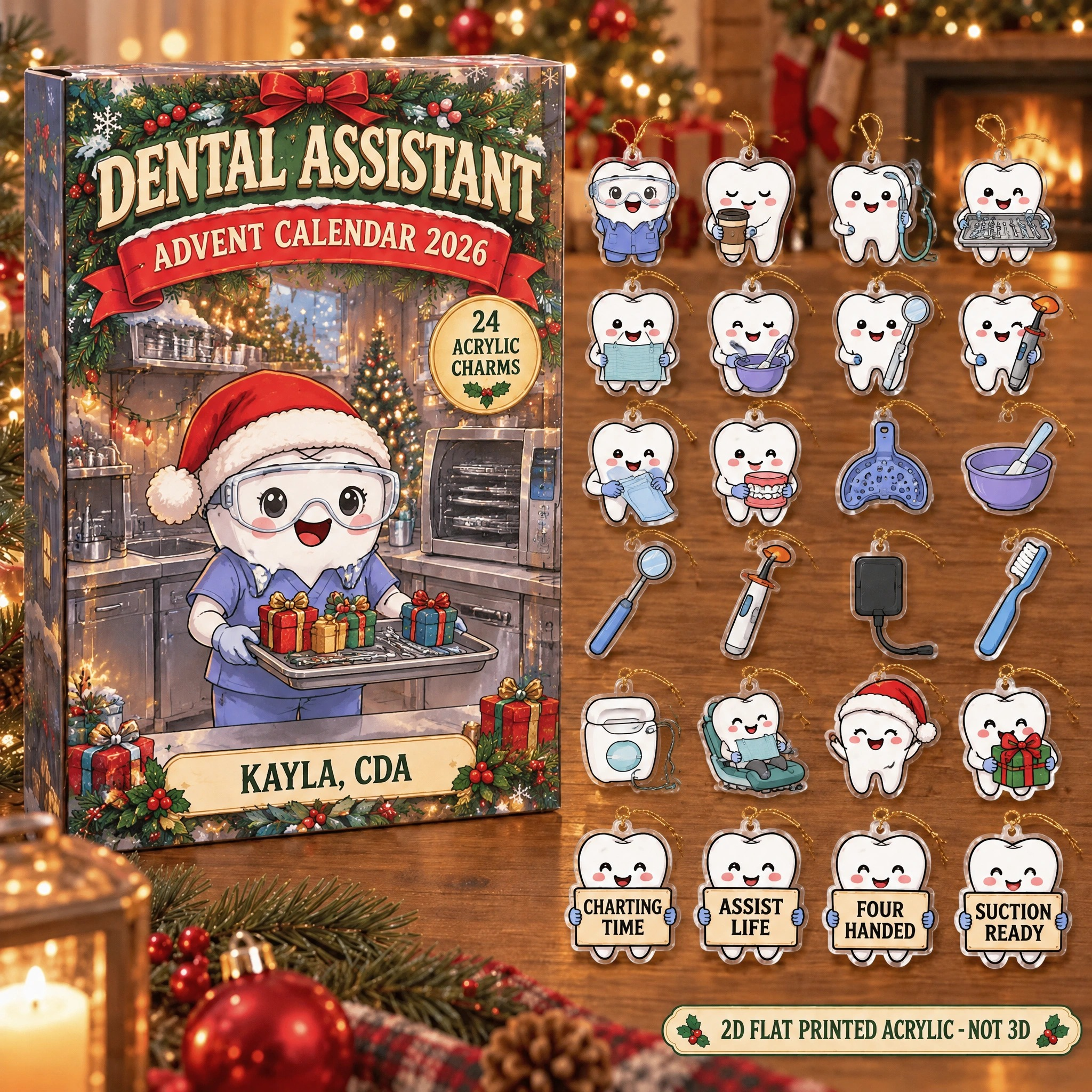 Personalized Anatomy Dental Assistant advent calendar box with 24 flat acrylic Christmas charms