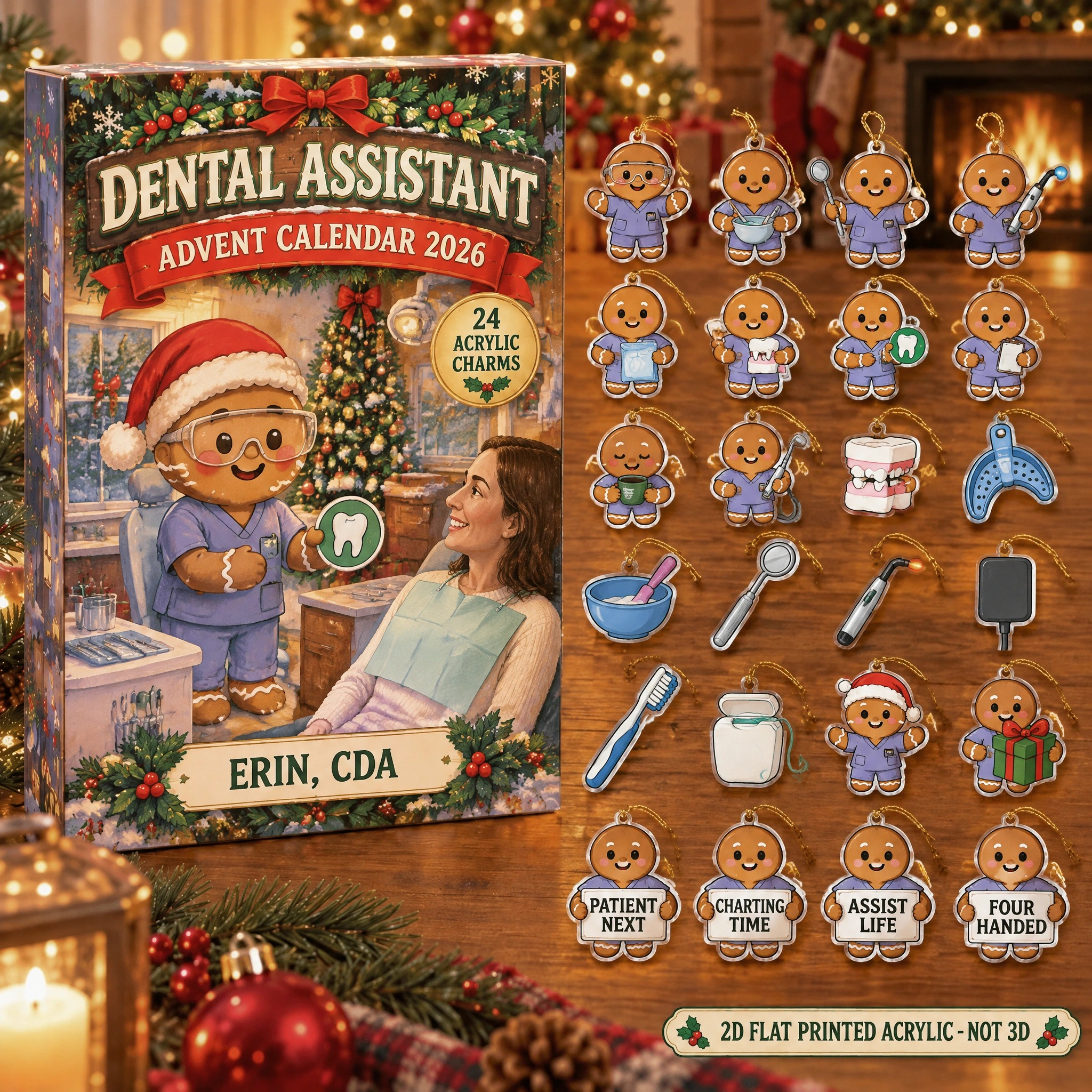Personalized Gingerbread Dental Assistant advent calendar box with 24 flat acrylic Christmas charms