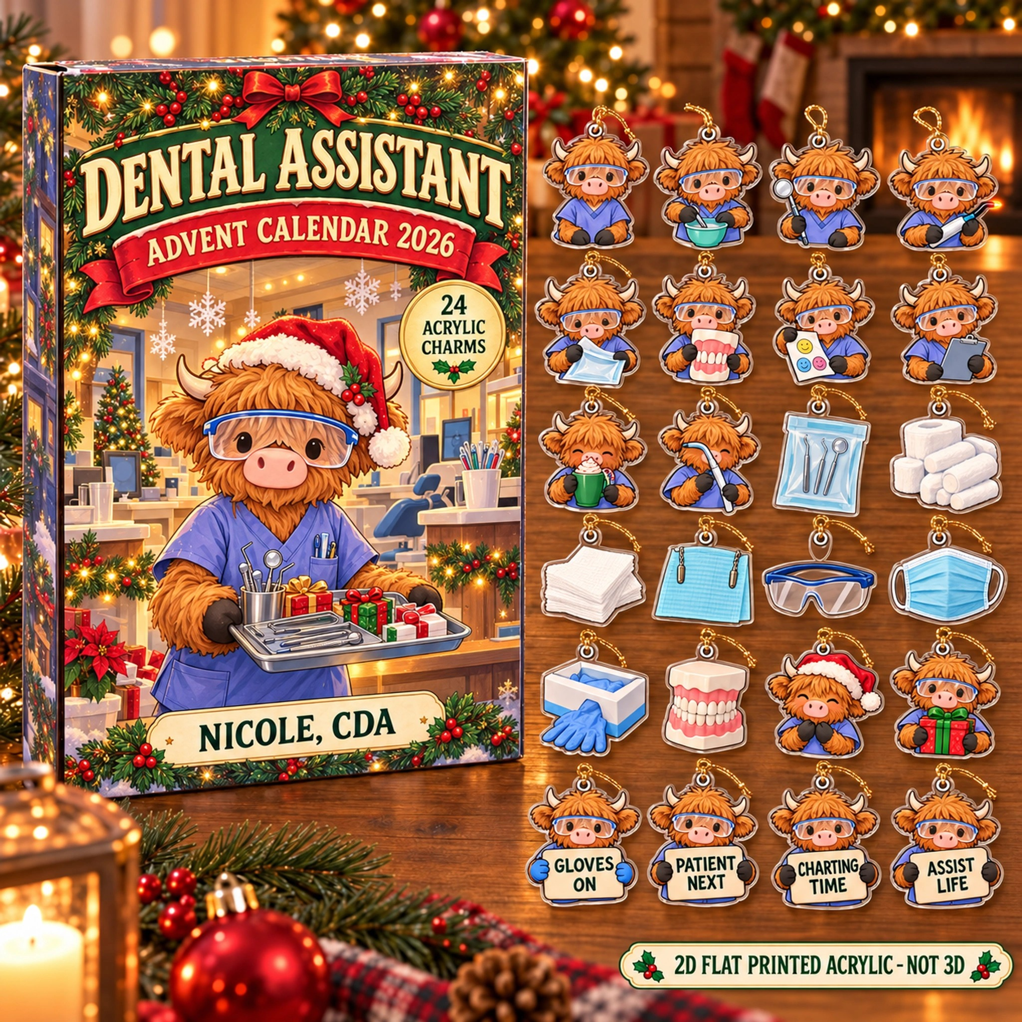 Personalized Dental Assistant Cow advent calendar box with 24 flat acrylic Christmas charms