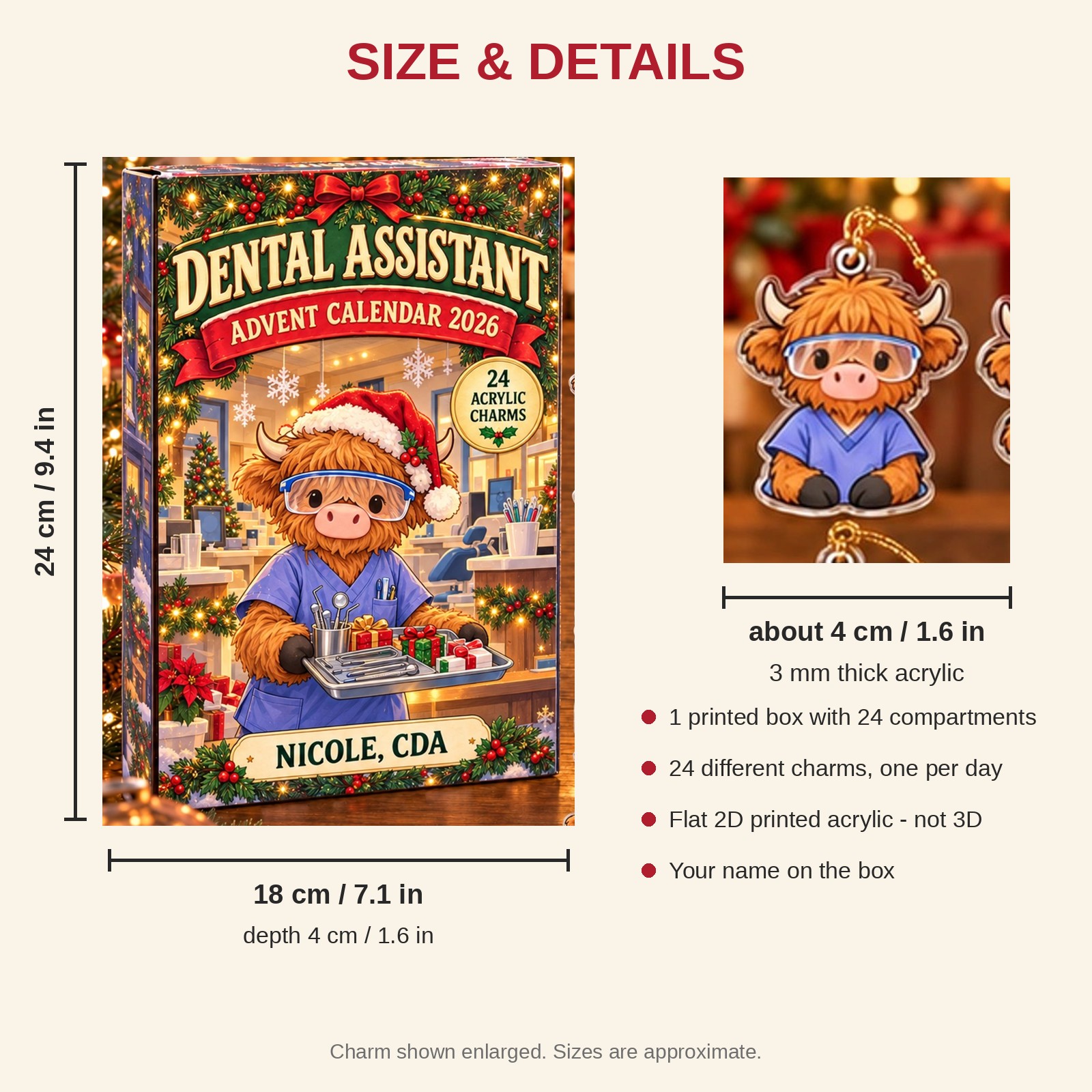 Personalized Dental Assistant Cow advent calendar box with 24 flat acrylic Christmas charms: box and charm sizes