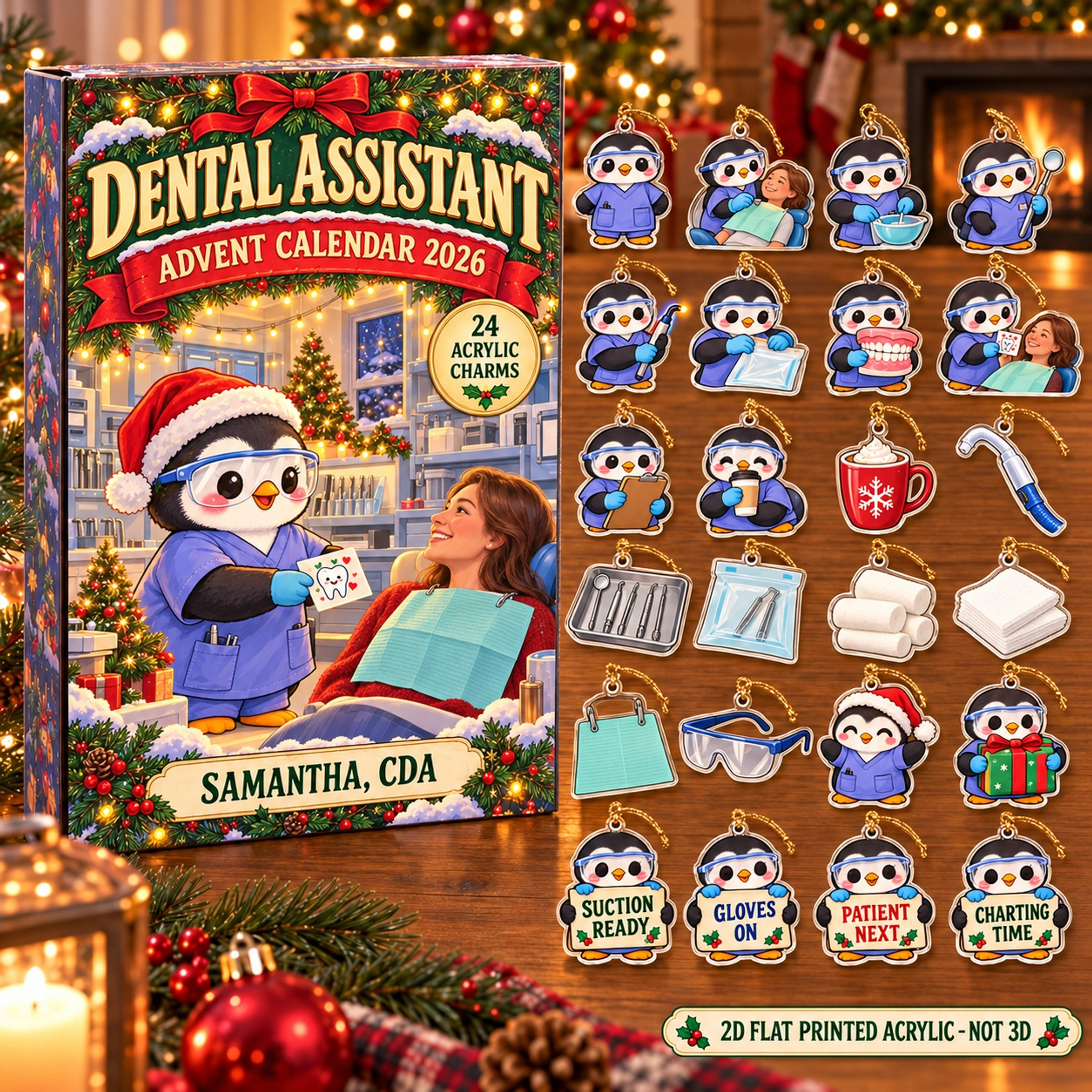 Personalized Dental Assistant Penguin advent calendar box with 24 flat acrylic Christmas charms