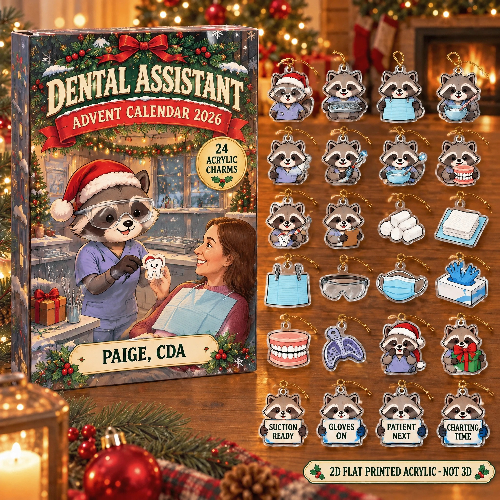 Personalized Dental Assistant Raccoon advent calendar box with 24 flat acrylic Christmas charms