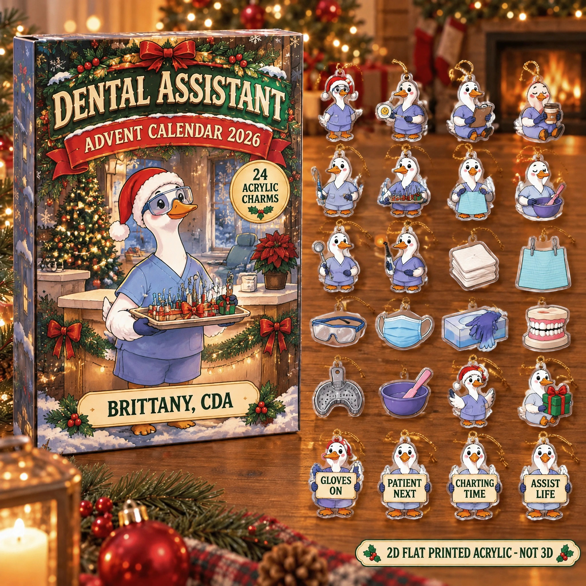 Personalized Dental Assistant Silly Goose advent calendar box with 24 flat acrylic Christmas charms