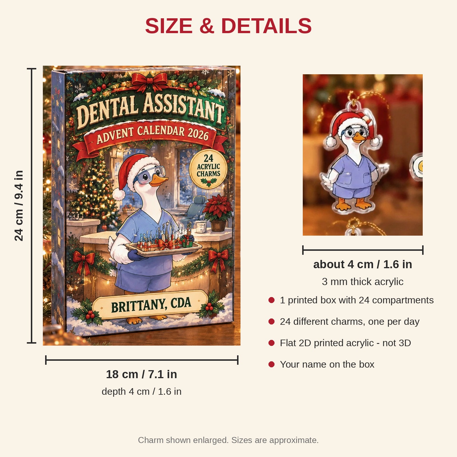 Personalized Dental Assistant Silly Goose advent calendar box with 24 flat acrylic Christmas charms: box and charm sizes