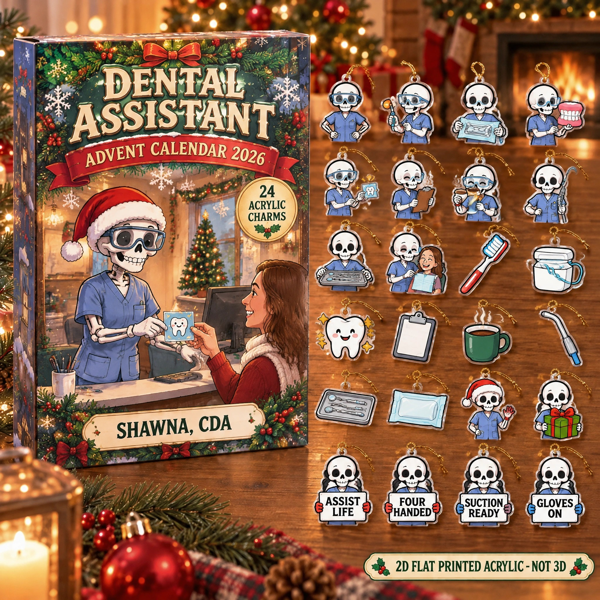 Personalized Dental Assistant Skeleton advent calendar box with 24 flat acrylic Christmas charms
