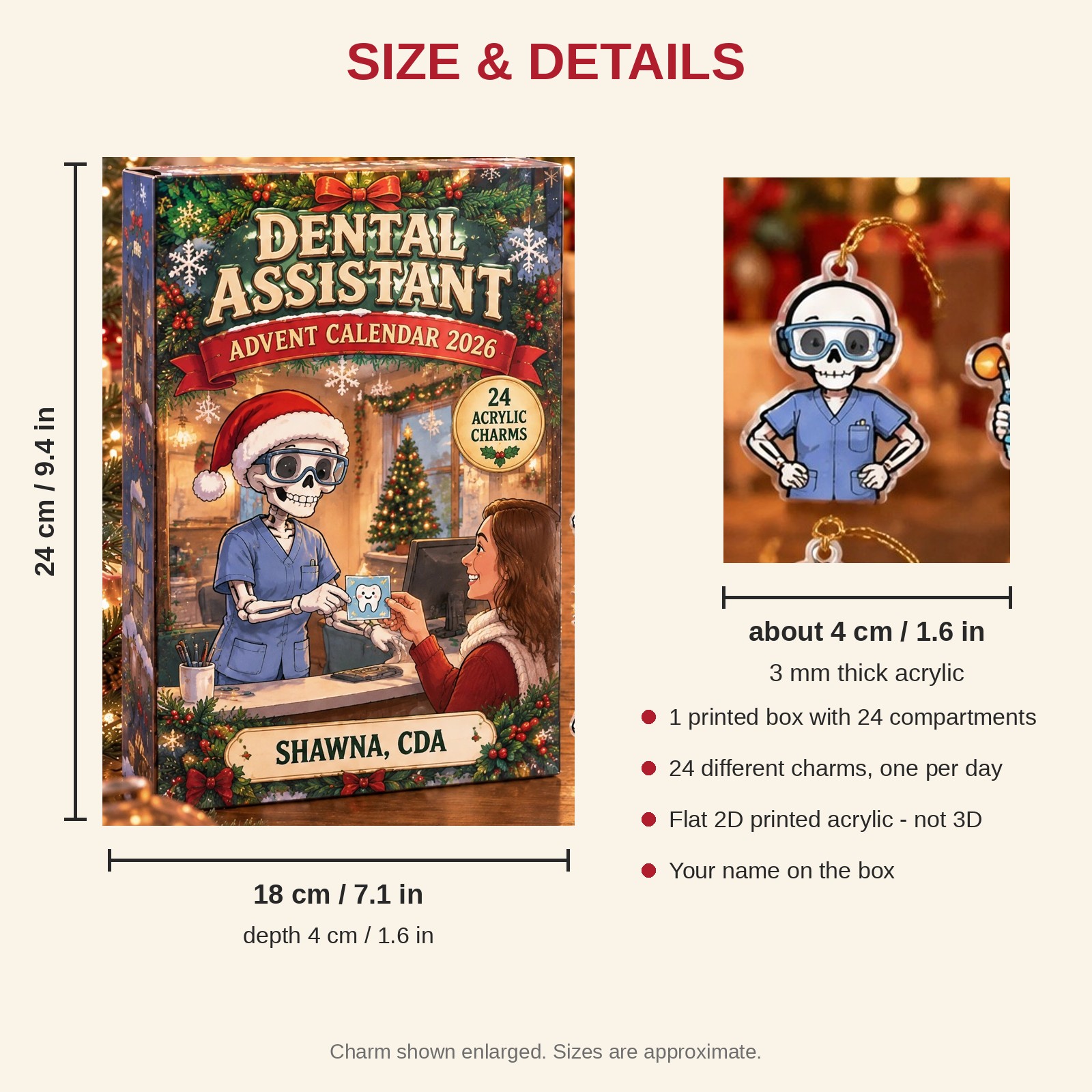 Personalized Dental Assistant Skeleton advent calendar box with 24 flat acrylic Christmas charms: box and charm sizes