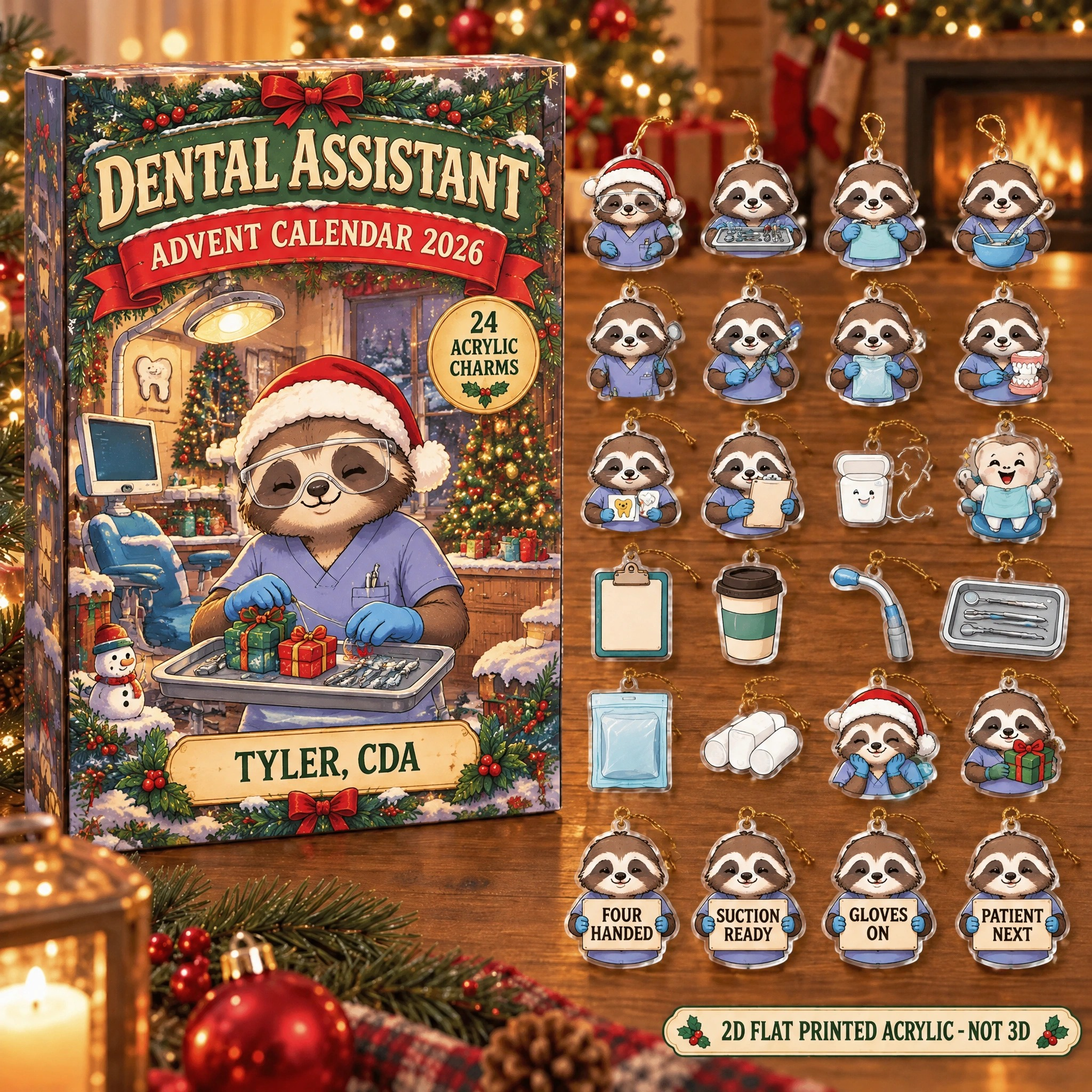 Personalized Dental Assistant Sloth advent calendar box with 24 flat acrylic Christmas charms