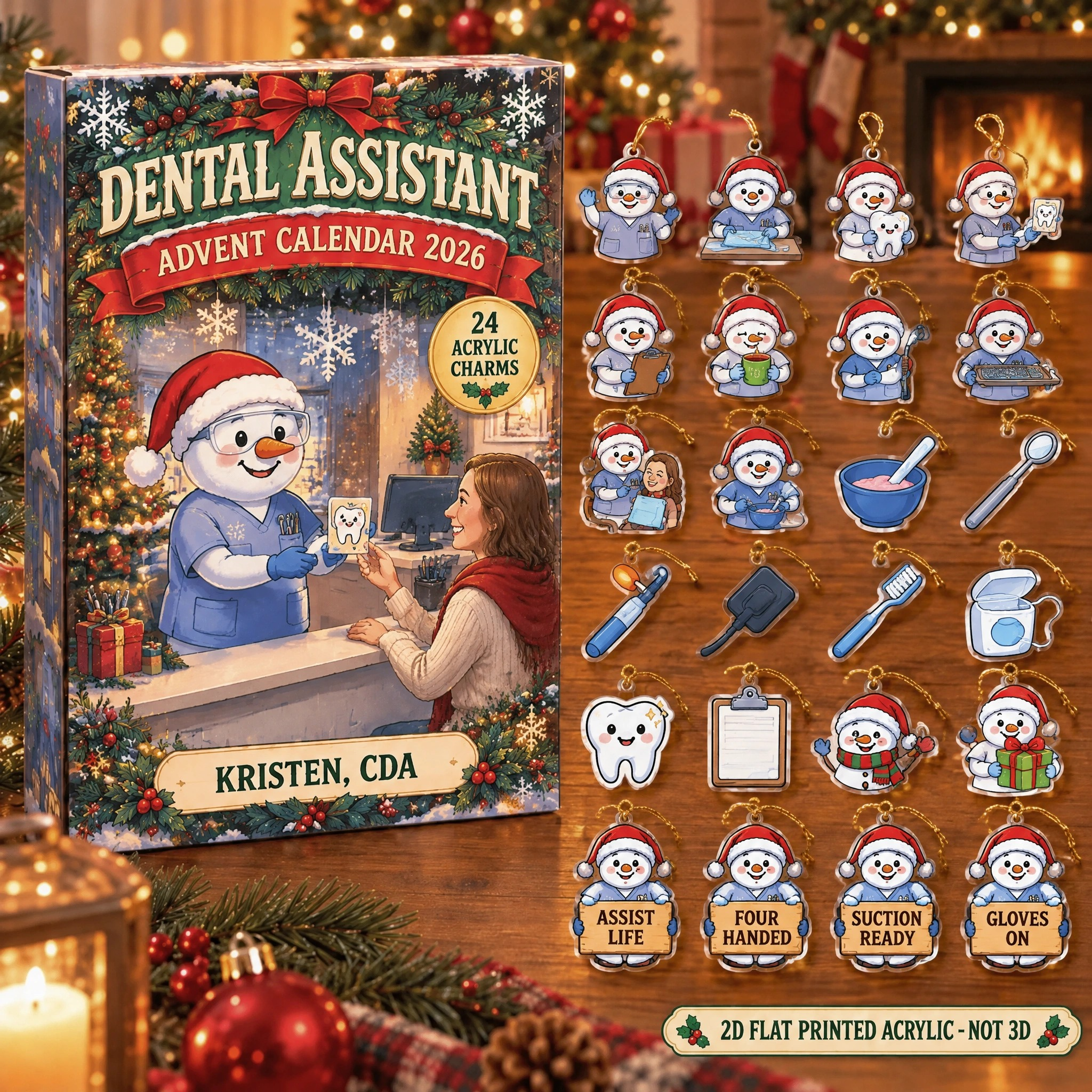 Personalized Dental Assistant Snowman advent calendar box with 24 flat acrylic Christmas charms