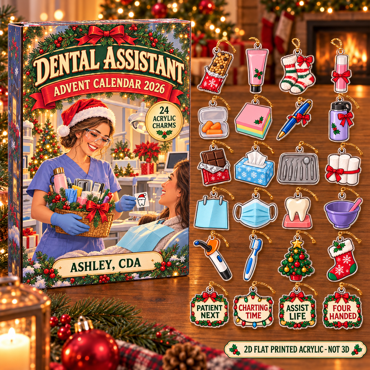 Personalized Dental Assistant Kit advent calendar box with 24 flat acrylic Christmas charms