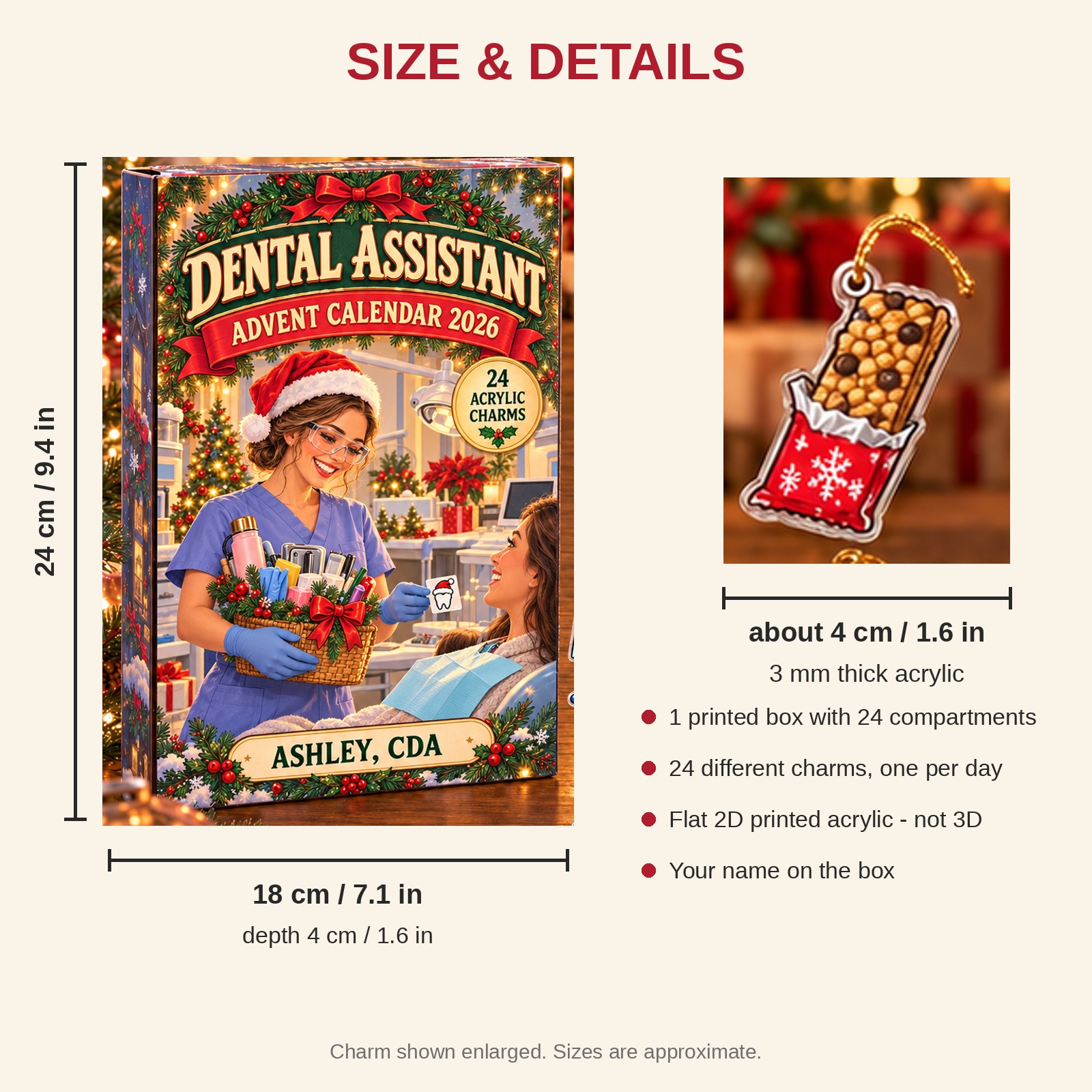 Personalized Dental Assistant Kit advent calendar box with 24 flat acrylic Christmas charms: box and charm sizes