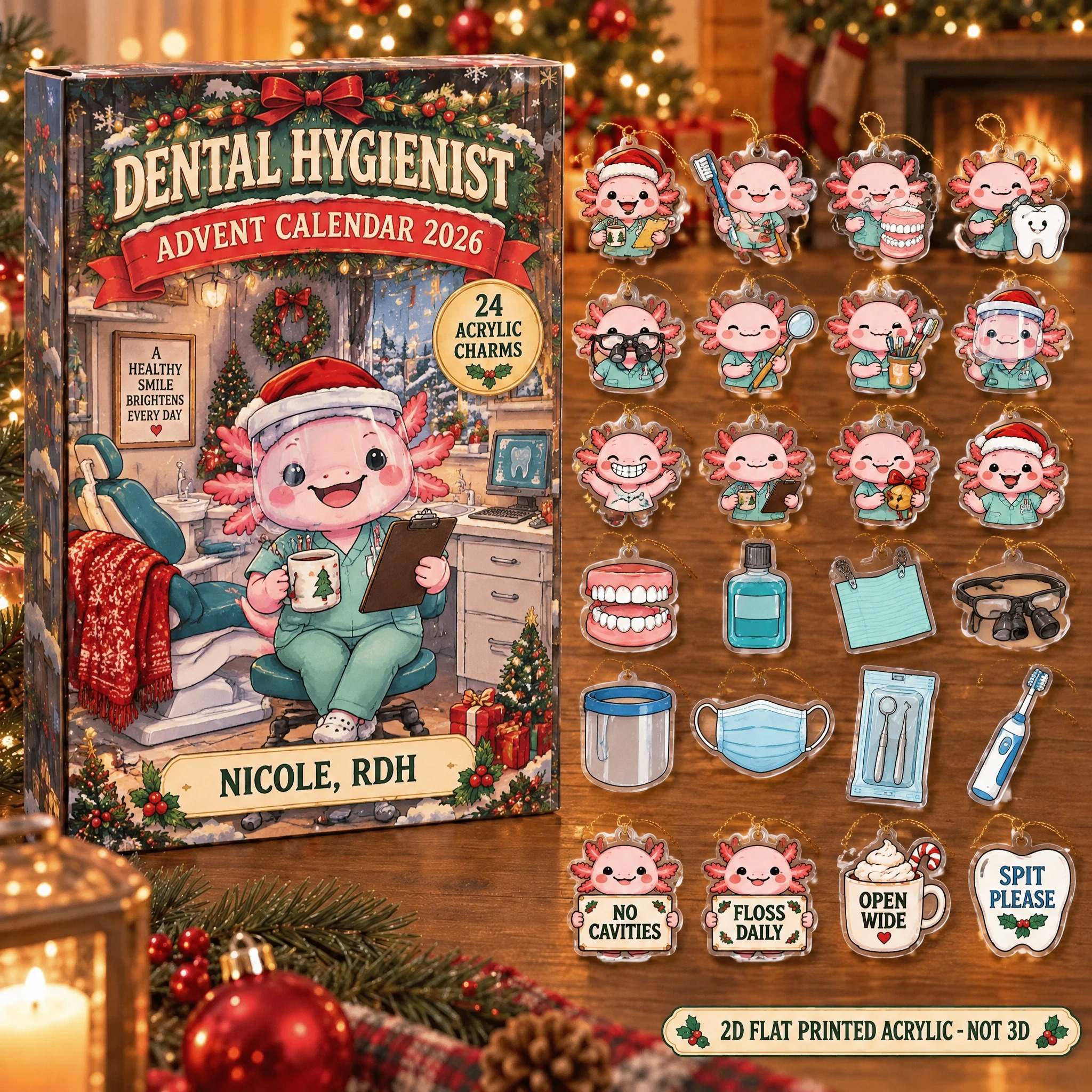 Personalized Dental Hygienist Axolotl advent calendar box with 24 flat acrylic Christmas charms