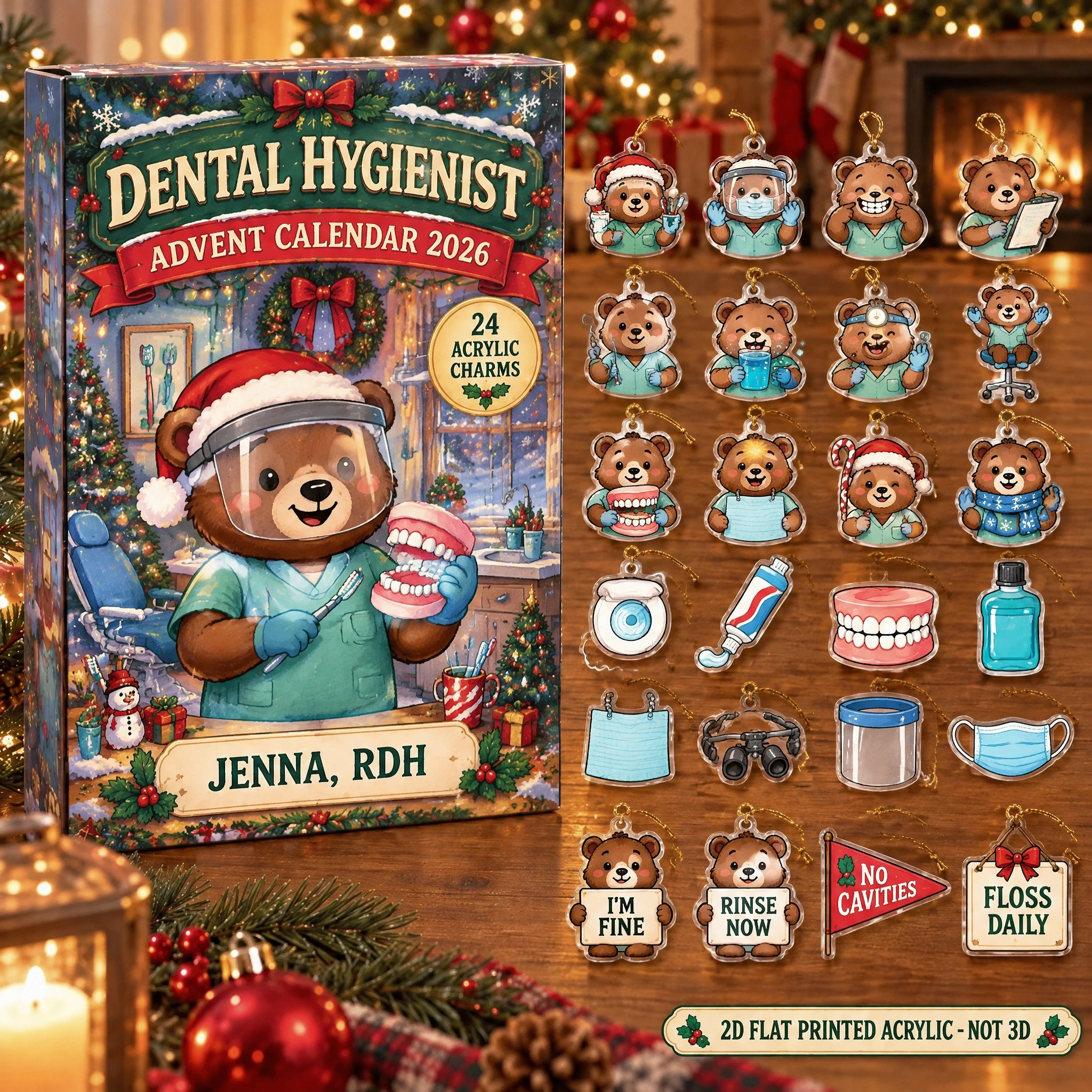 Personalized Dental Hygienist Bear advent calendar box with 24 flat acrylic Christmas charms